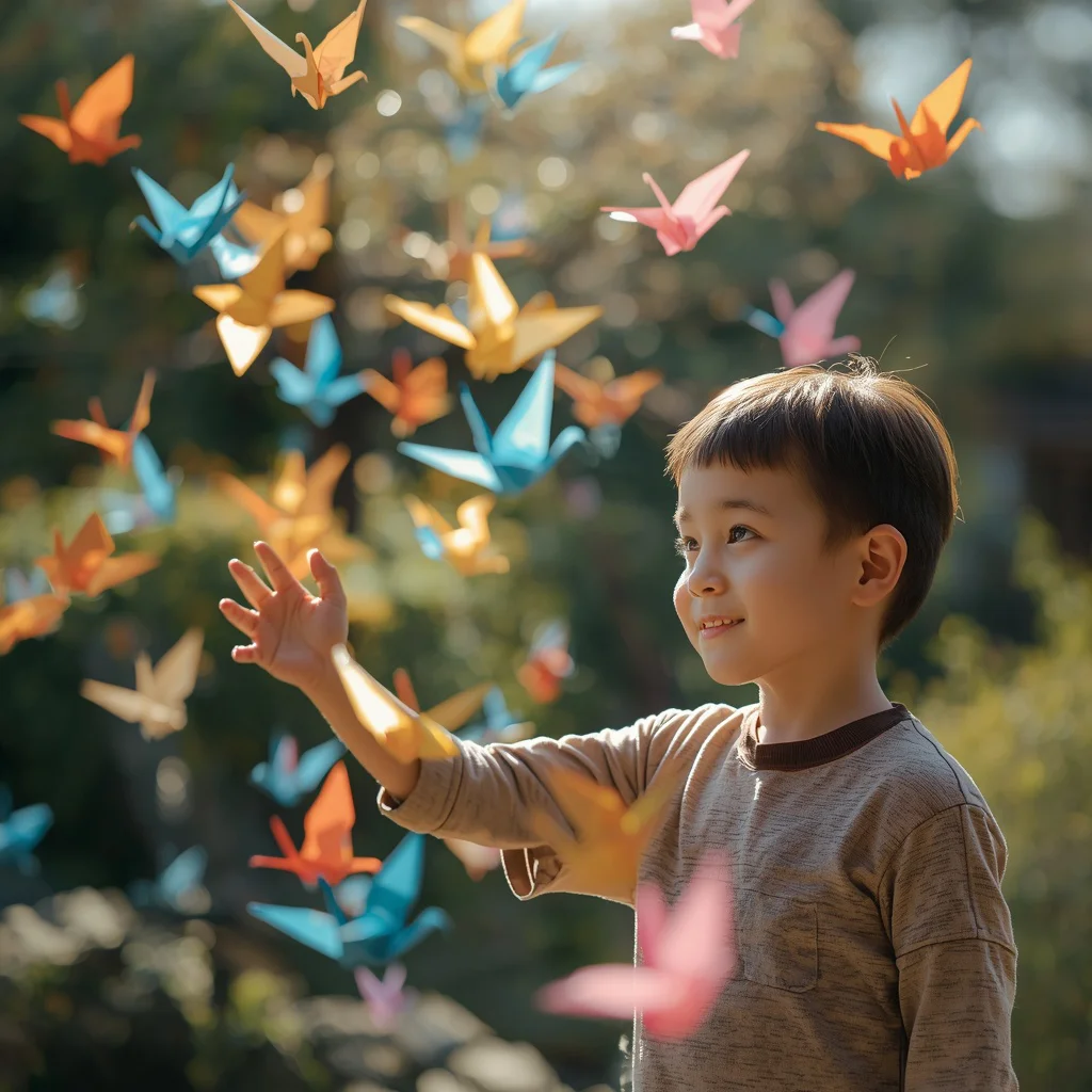 A Cute Boy Playing with a Flock of Colorful Paper Cranes | New Instagram trend prompt for boy — AI image prompt
