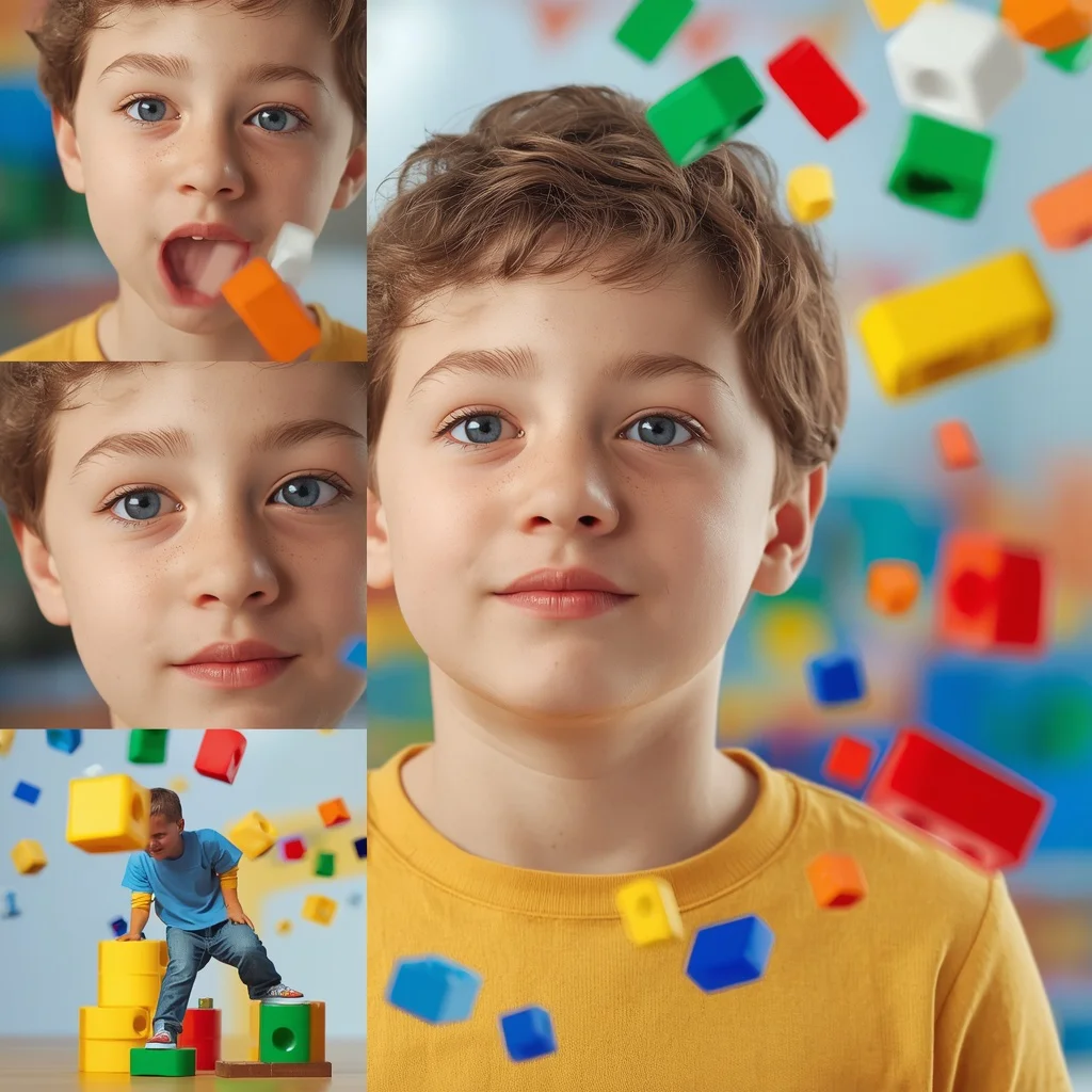 A Playful Collage of a Boy with Floating Toy Blocks and Primary Colors | Prompt seen trending boy Instagram Gemini — AI image prompt