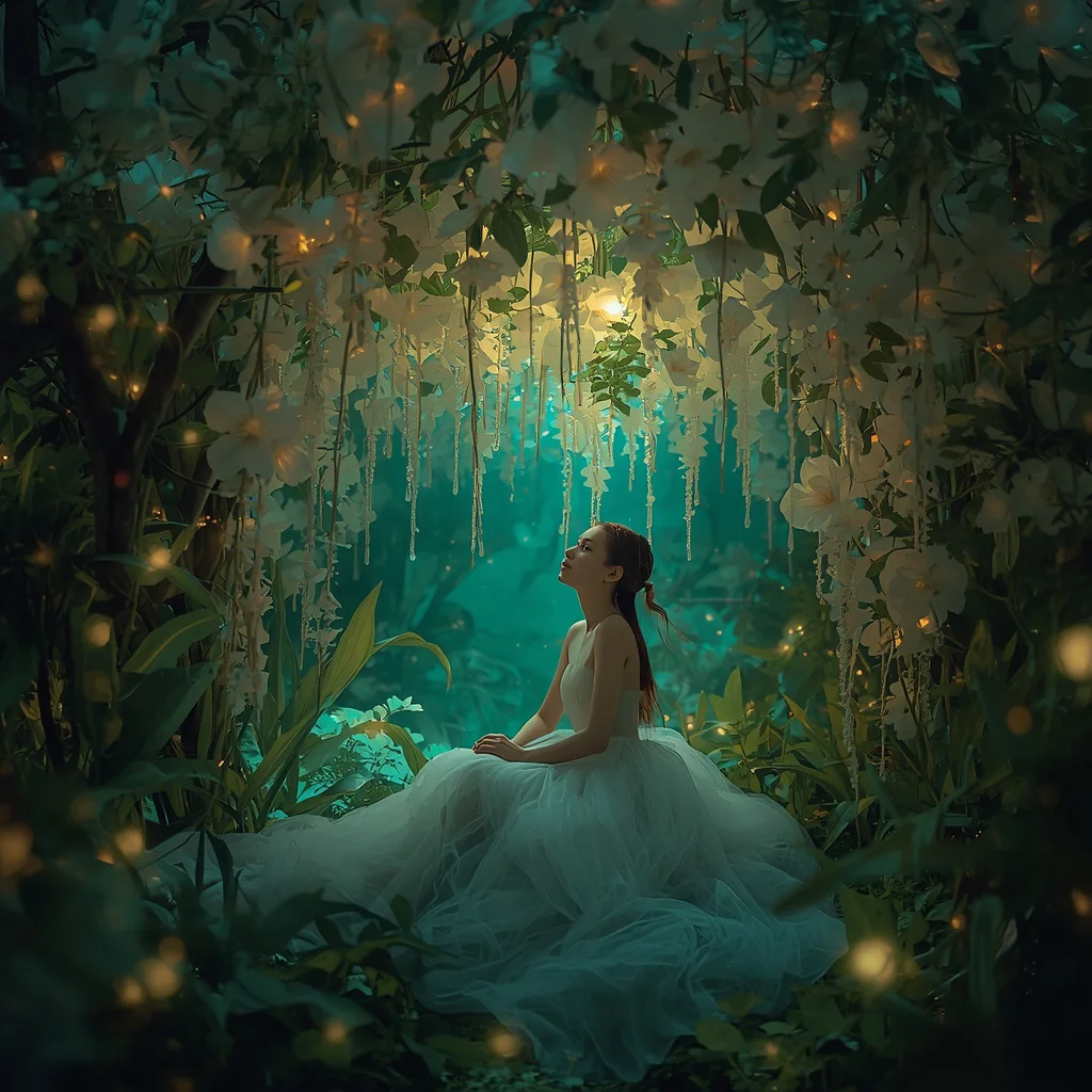 Beautiful Girl with Bioluminescent Flora Canopy Collage Whimsical | prompt for gemini ai girl style trending instagram reddit — AI image prompt