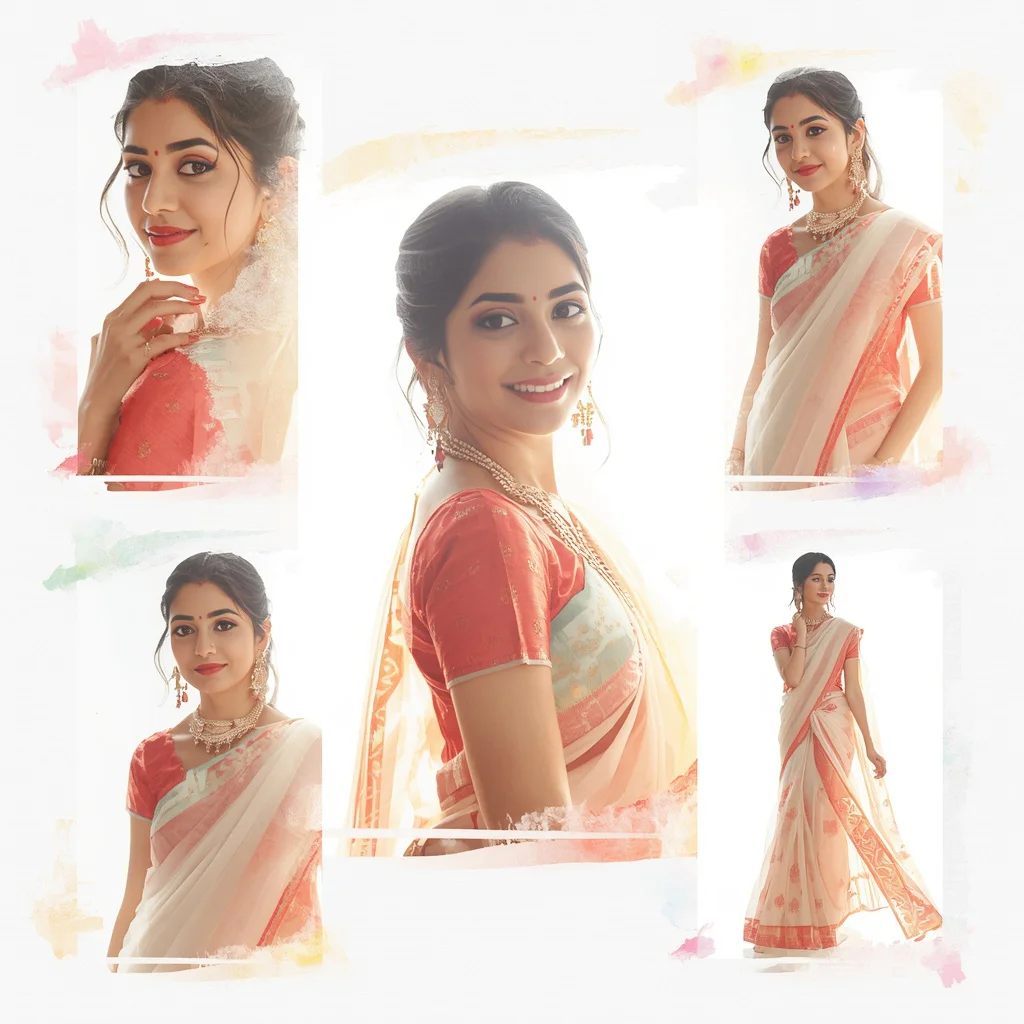 Creative Collage: Watercolor Brush Strokes Framing a Festive Saree | saree instagram ai prompt — AI image prompt