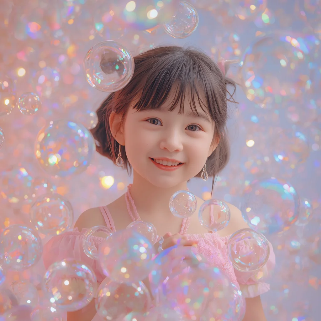 Cute Girl Bubbling Iridescent Crystal Spheres Playful Dreamscape Cinematic | trending prompt copy paste instagram — AI image prompt