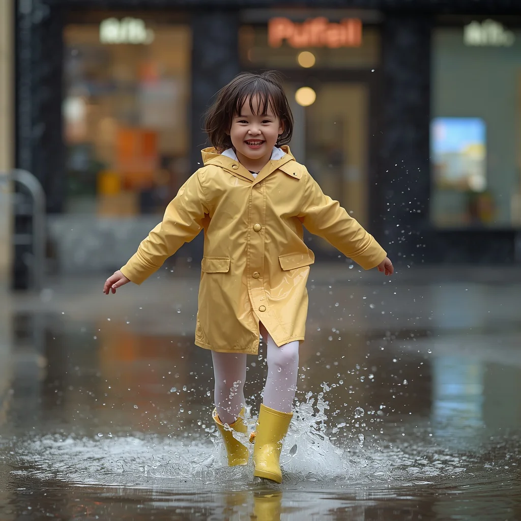 Cute Girl in Pastel Raincoat Playful Cityscape Puddle | stylish prompt for girls — AI image prompt
