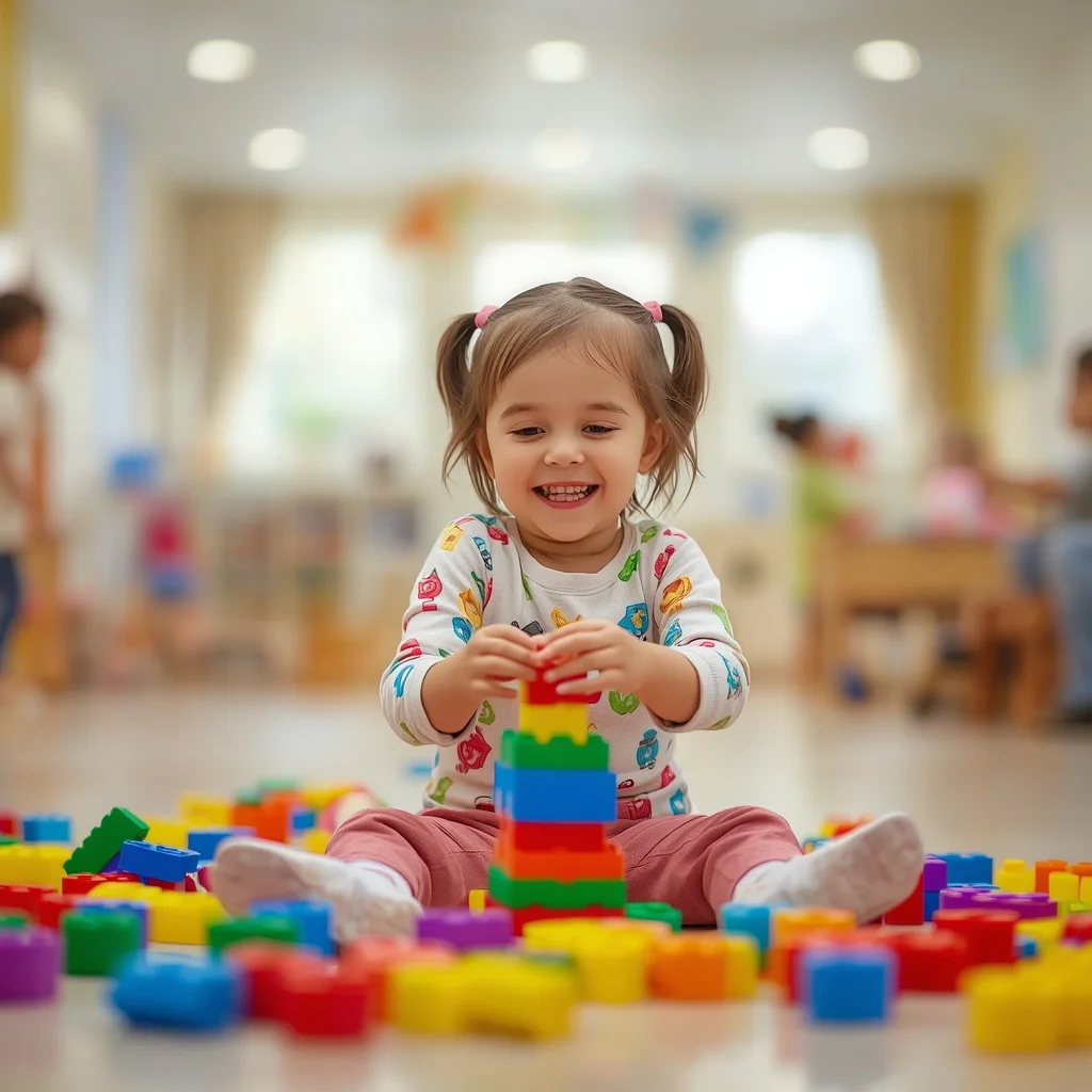 Cute Girl Playing with Toys in Playroom with Colorful Blocks | instagram prompt for traditional look for girl — AI image prompt