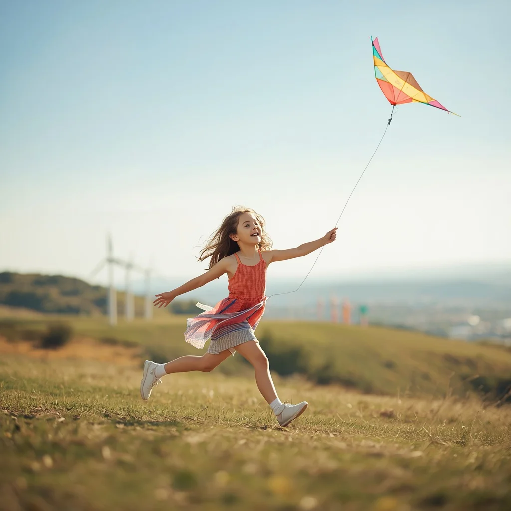 Cute Girl with Kite on Hilltop with Colorful Windmills | chatgpt photo editing prompts trending instagram for girl — AI image prompt