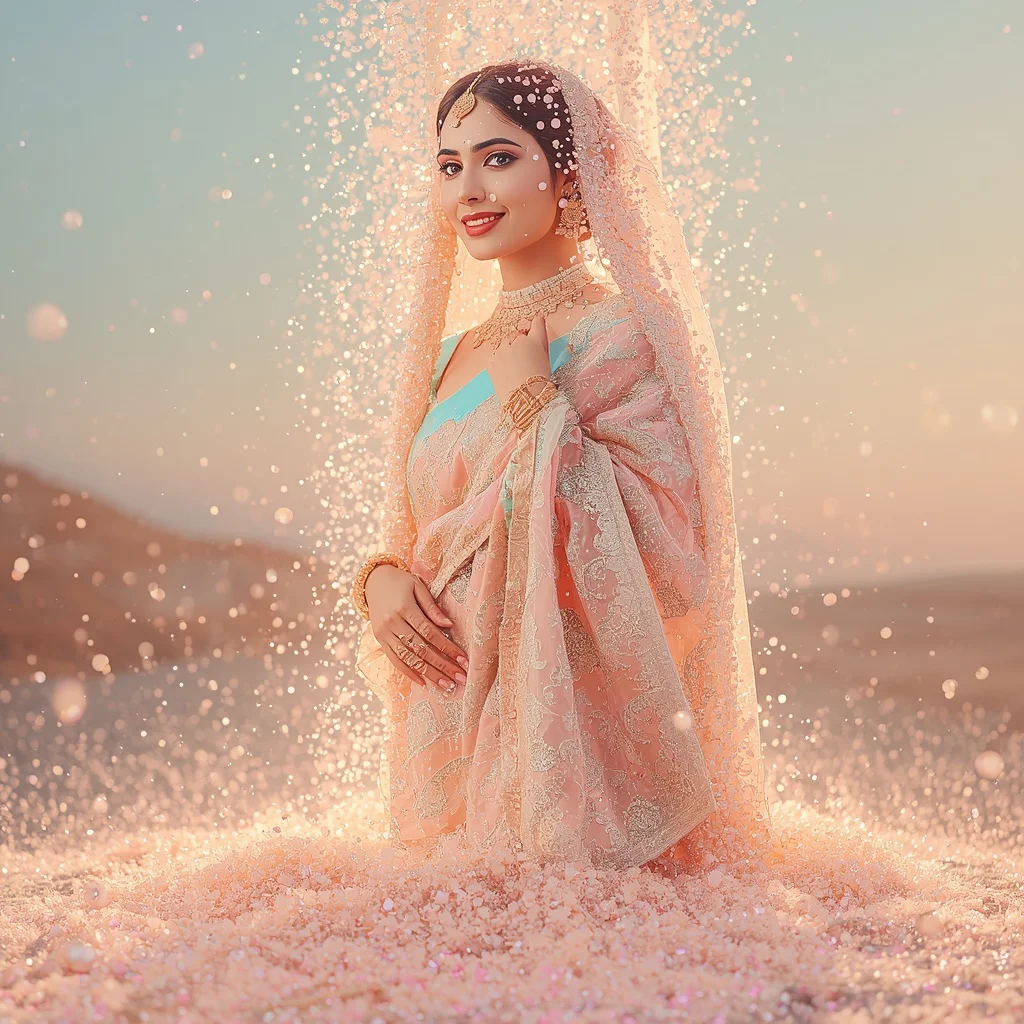 Festive Pastel Saree Falling Luminous Pearl Dust Torrent Wealthy Illusion | red saree prompt for chatgpt — AI image prompt