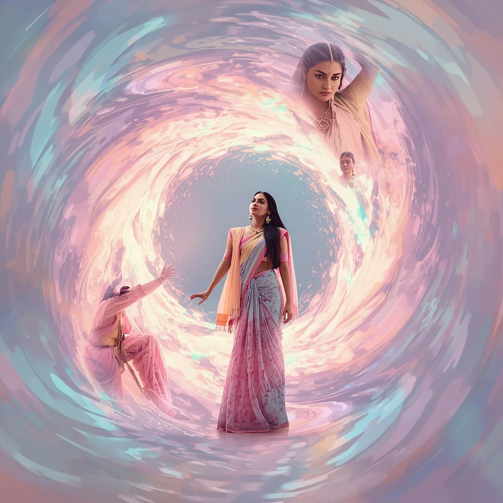 Festive Pastel Saree Interdimensional Portal Vortex Ripple Collage Mystical | instagram prompt for traditional look for girl in english — AI image prompt