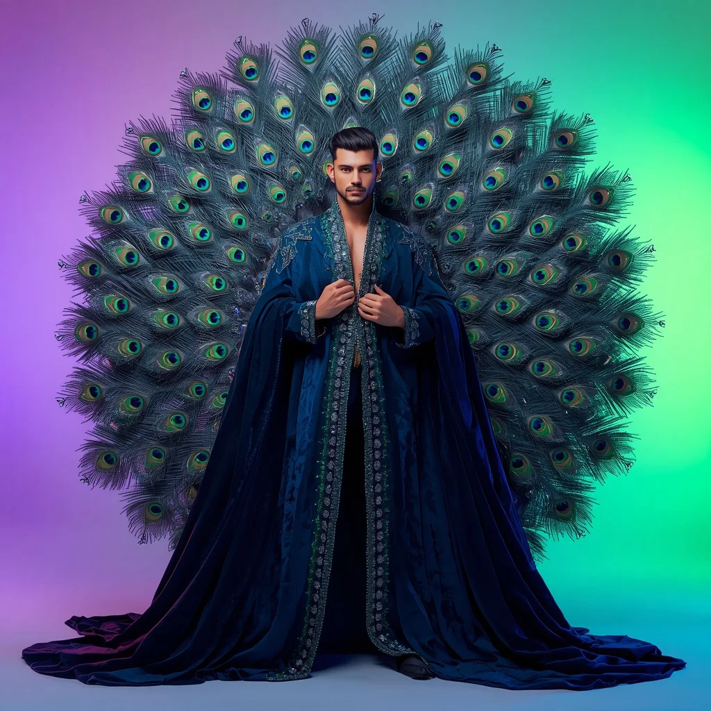 Peacock King: Majestic Robe with Emerald and Sapphire Plumes | Men photo prompt ChatGPT — AI image prompt