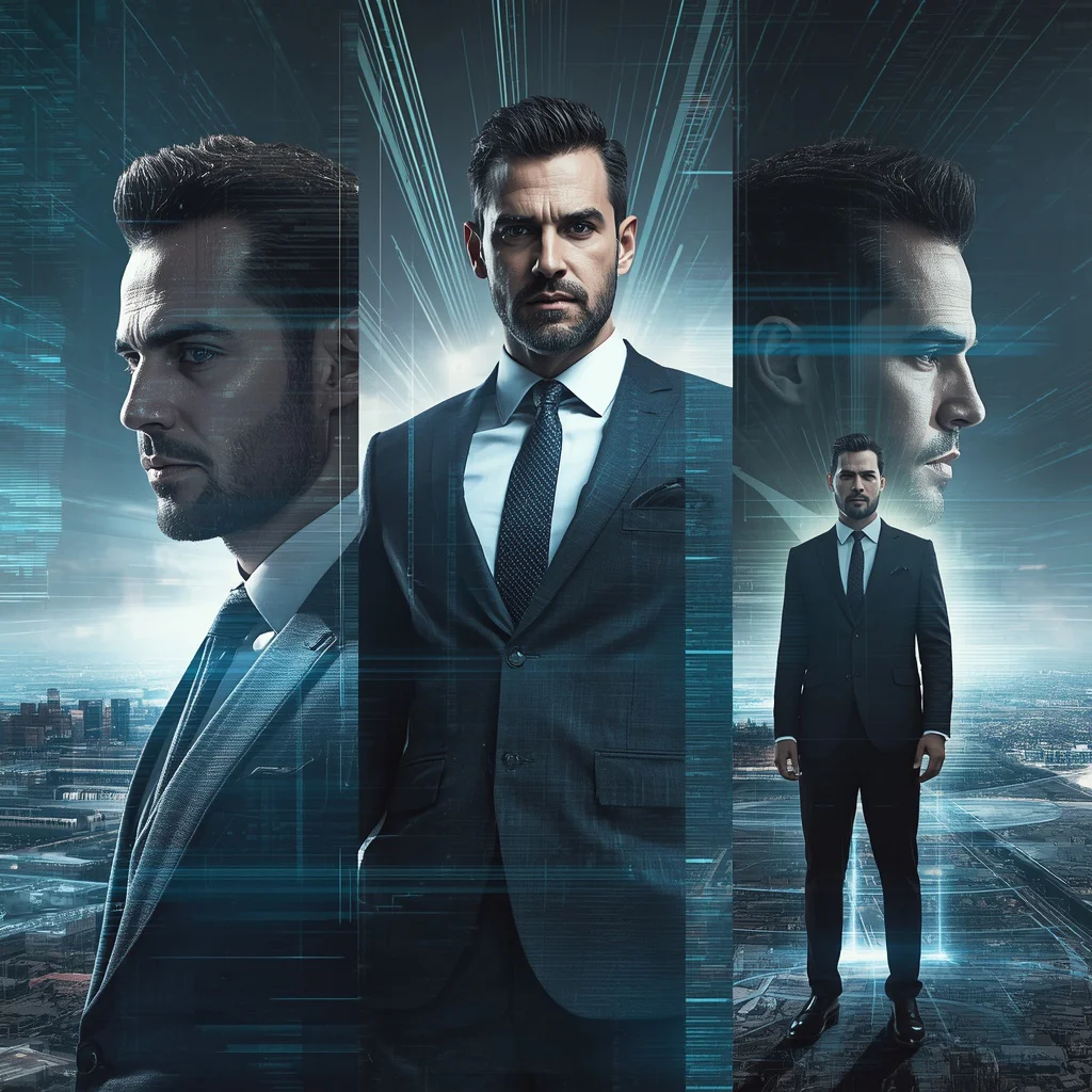 Powerful Man in Abstract Digital Glitch and Light Ray Collage | Gemini AI photo prompt copy paste trending boy rose — AI image prompt