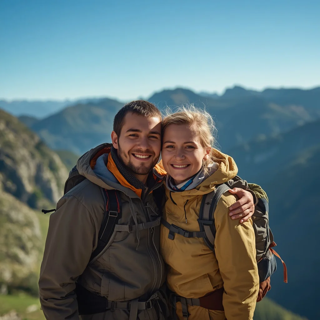 A Couple's Adventurous Hike with Scenic Mountain Views — AI image prompt