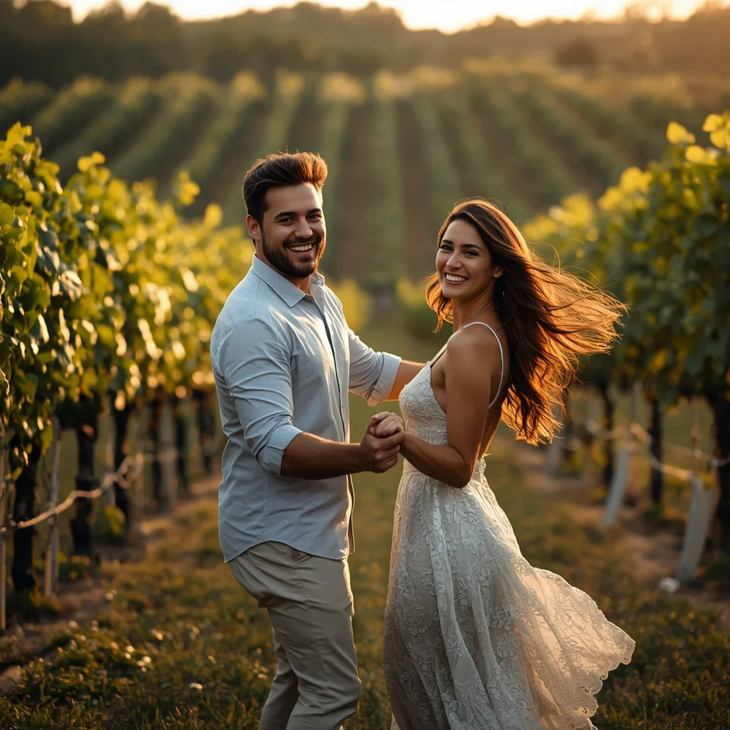 A Couple's Joyful Dance in a Lush Green Vineyard at Sunset — AI image prompt