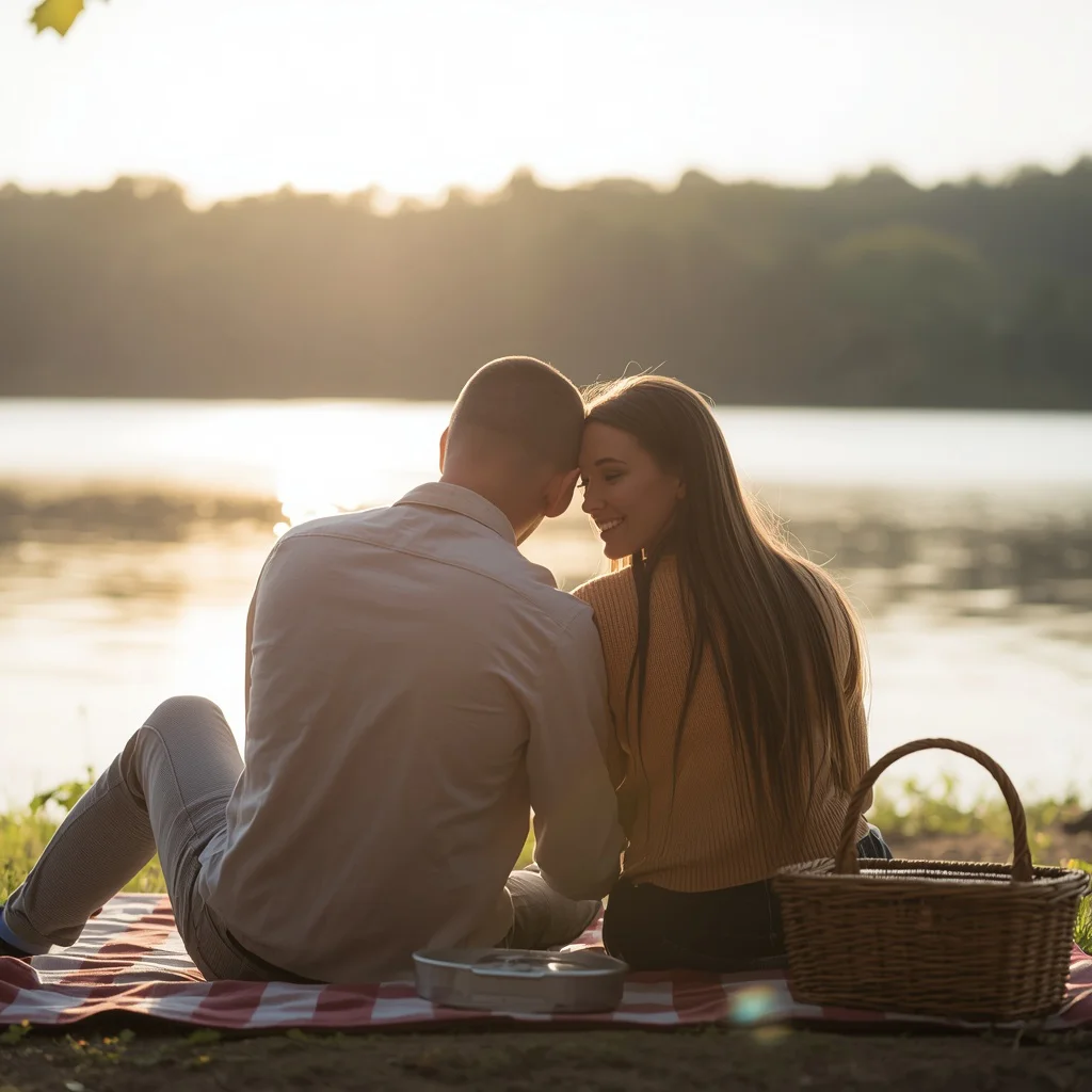 A Couple's Lakeside Picnic with Warm Sunlight — AI image prompt