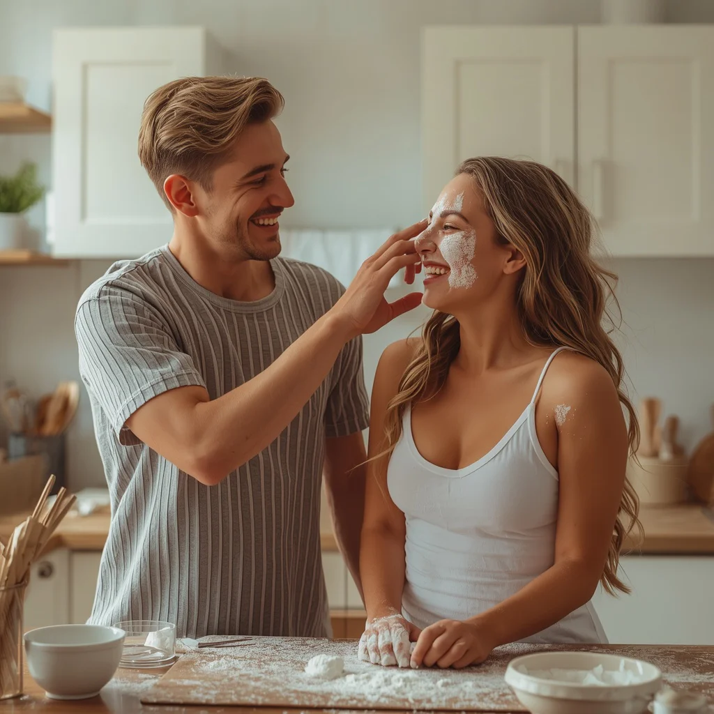 A Couple's Playful Kitchen Baking Scene — AI image prompt
