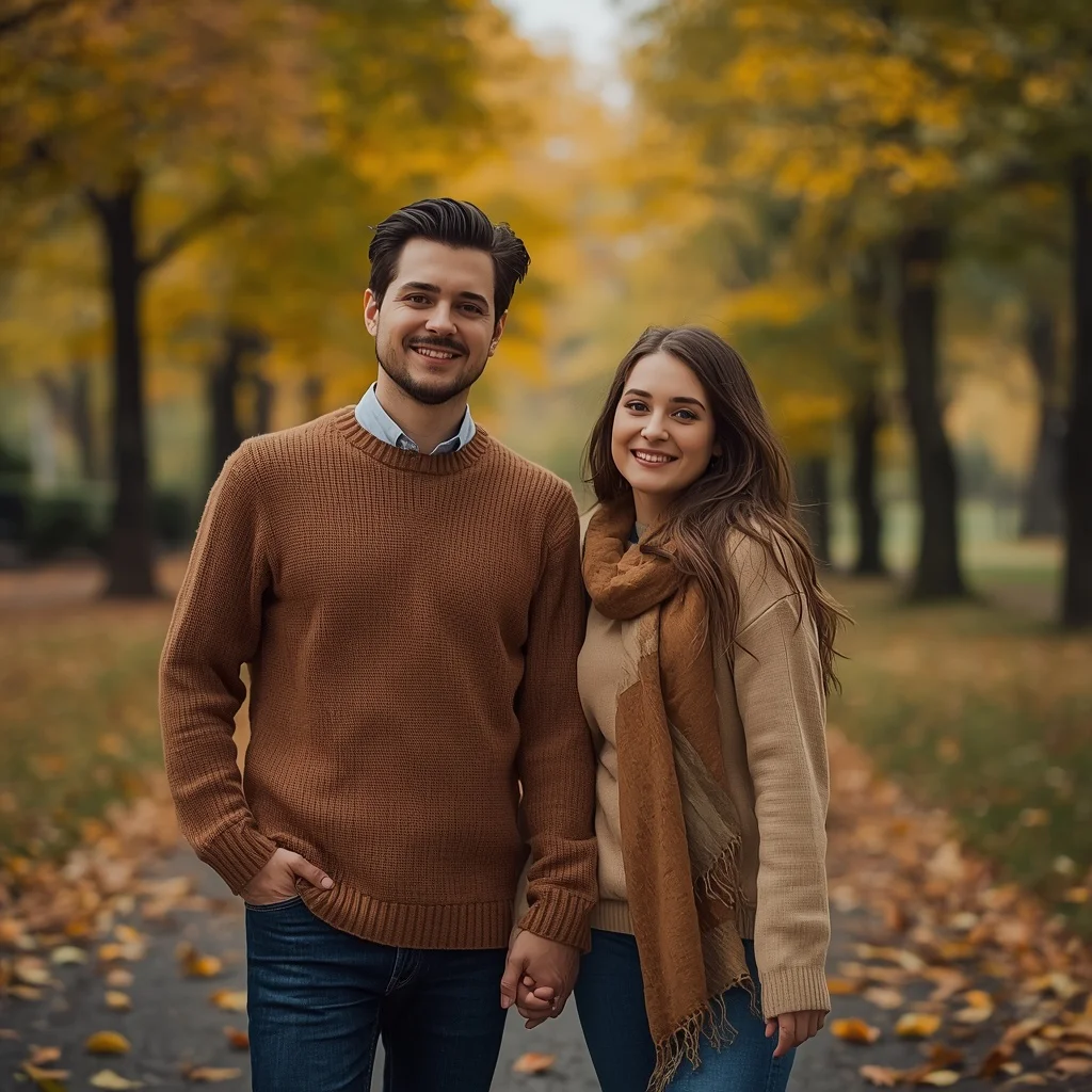 A Cozy Couple's Autumn Walk in a Leaf-Strewn Park — AI image prompt