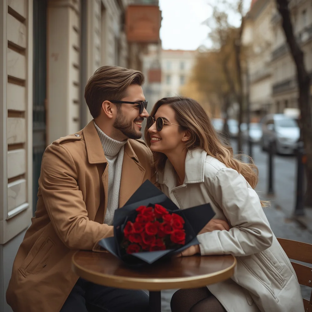 A Romantic Couple's Lock-Screen Wallpaper at a European Cafe — AI image prompt