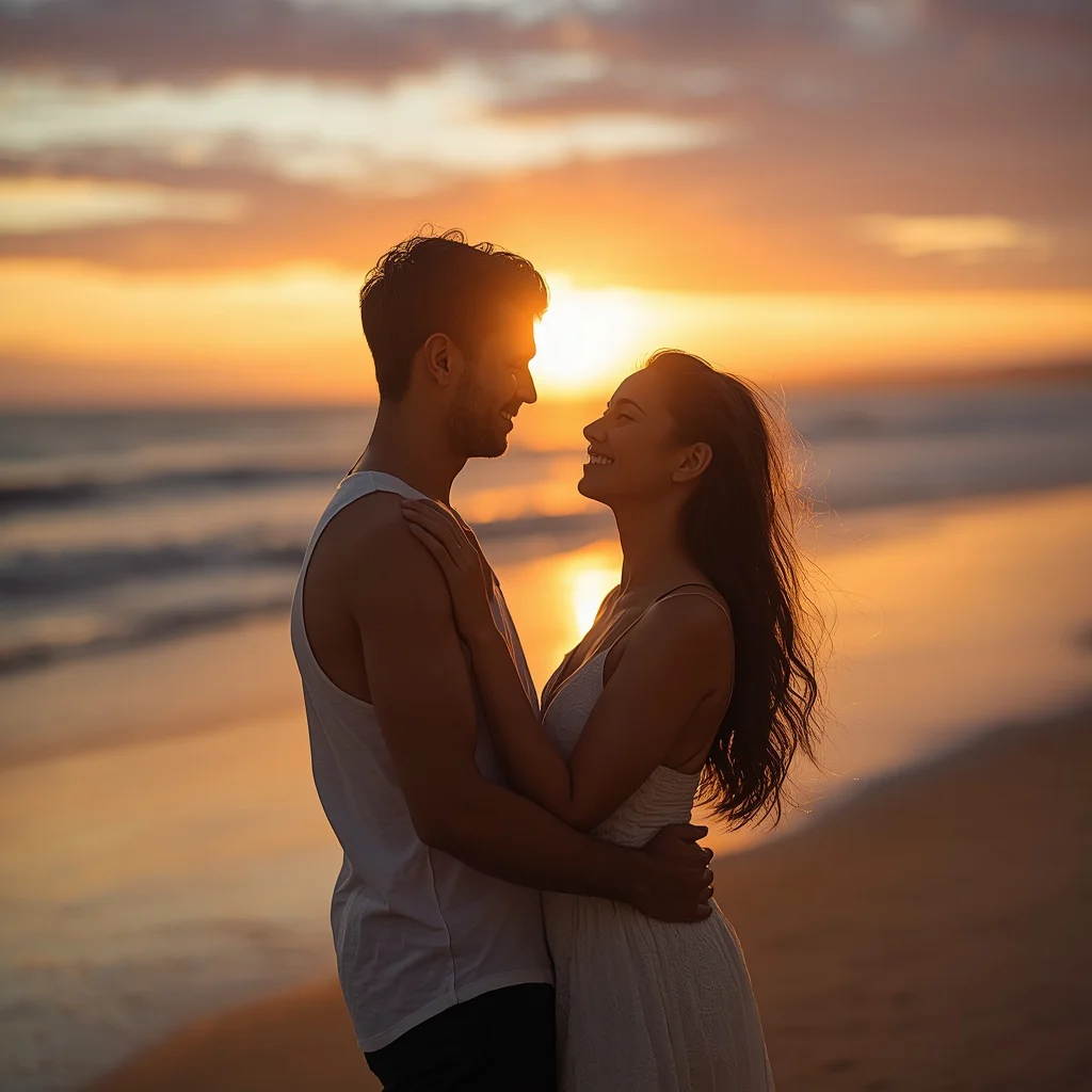 A Romantic Couple's Sunset Beach Embrace — AI image prompt
