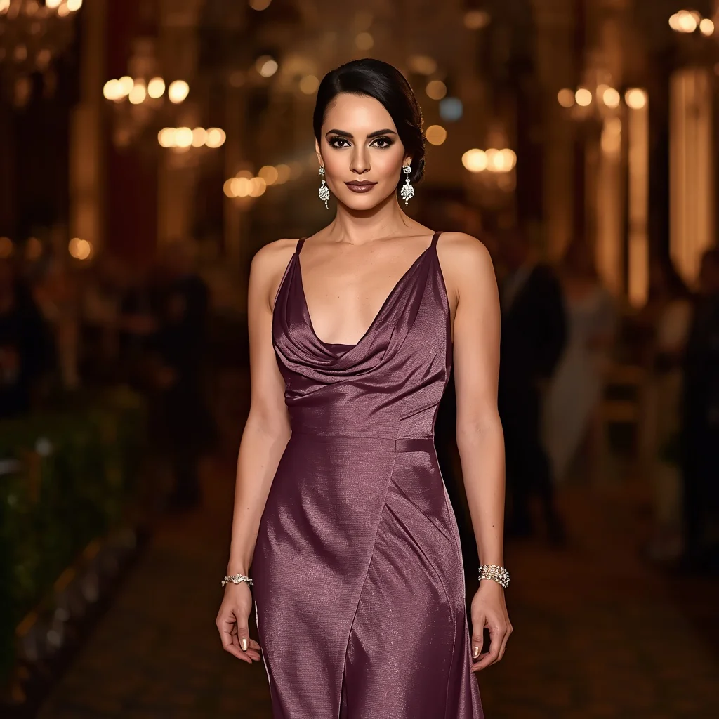A Starlet's Elegant Presence in a Mauve Gown — AI image prompt