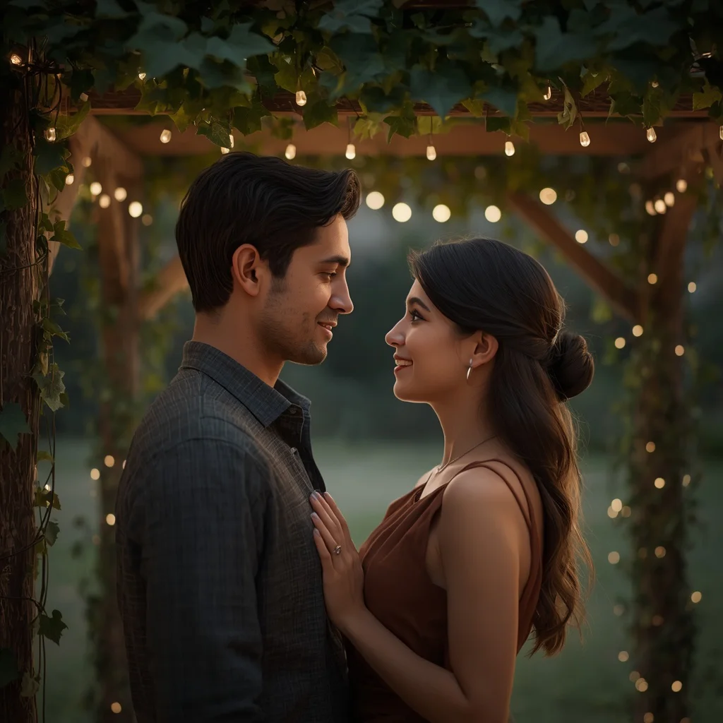 An Intimate Couple's Gaze in a Rustic Vine-Covered Setting — AI image prompt