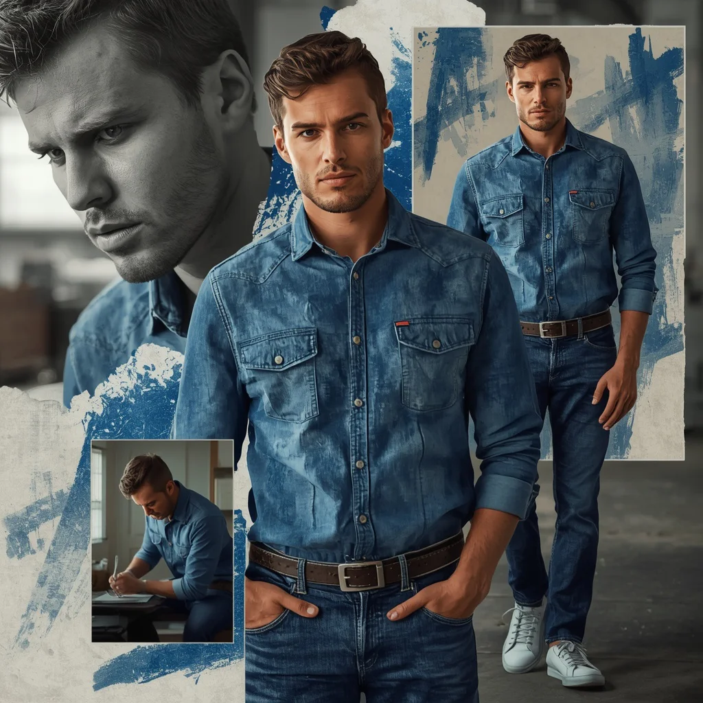 Artistic Collage of a Man in Denim with Textured Paint Strokes — AI image prompt