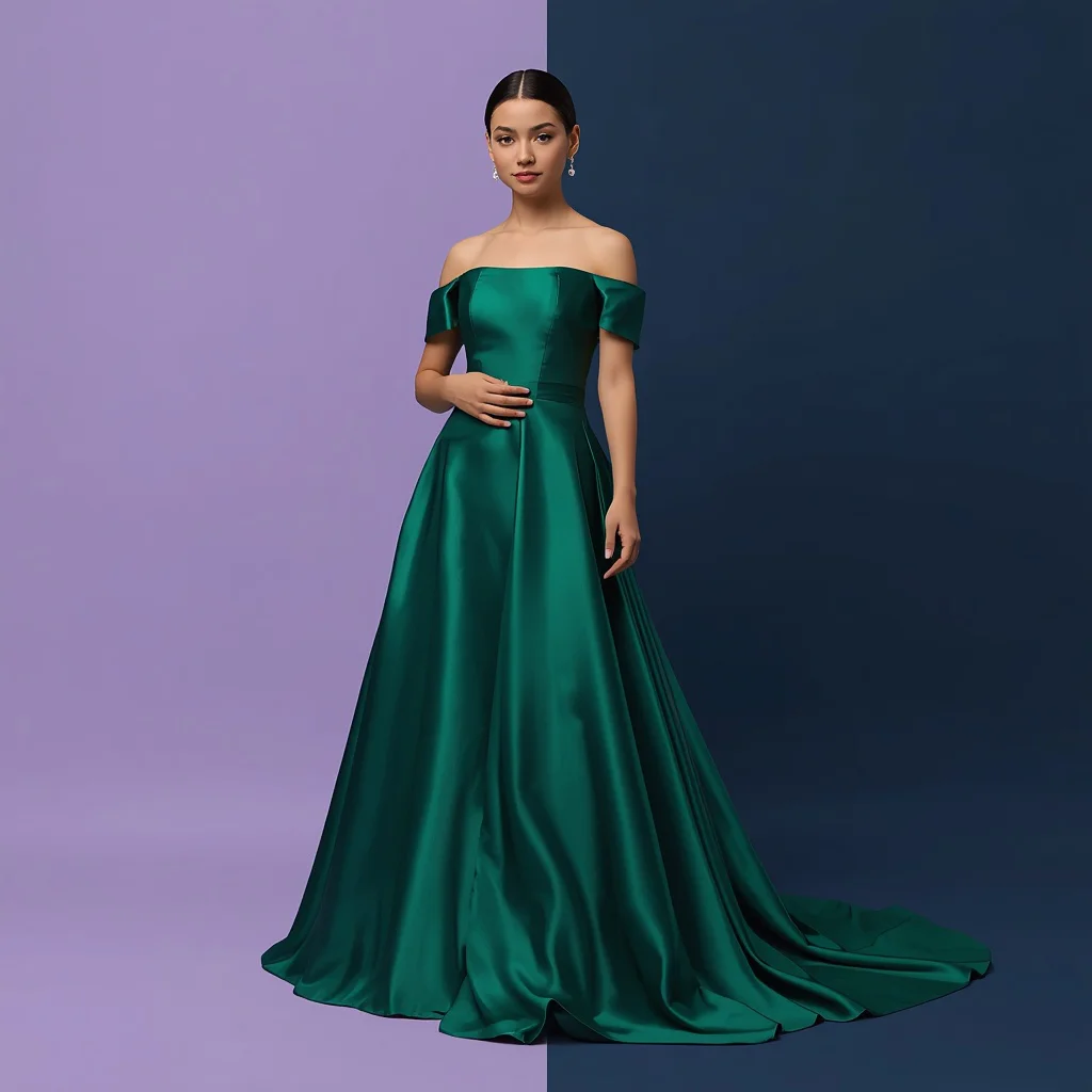 Beautiful Girl in Elegant Off Shoulder Emerald Gown — AI image prompt
