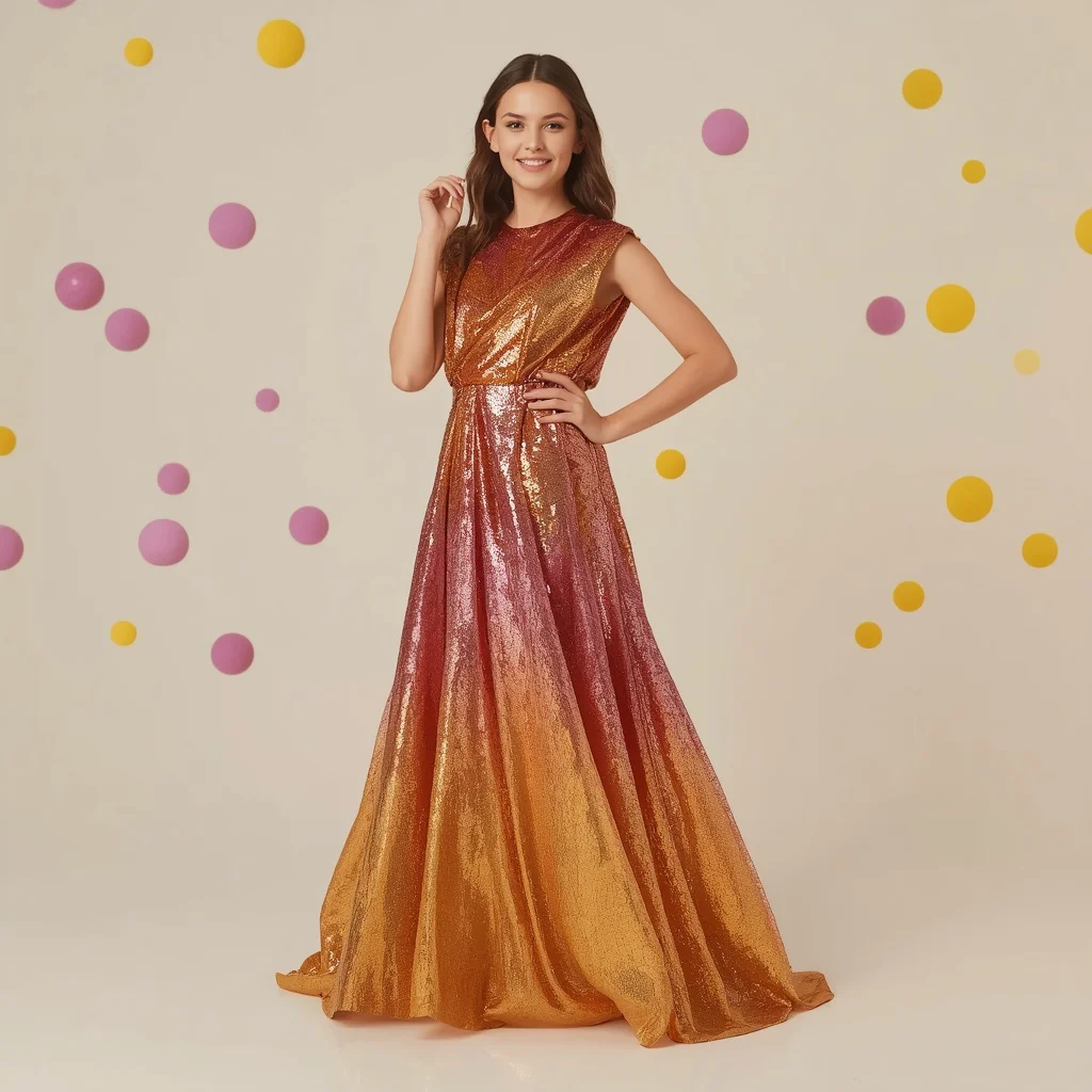 Beautiful Girl in Iridescent Sequin Sunset Party Dress — AI image prompt
