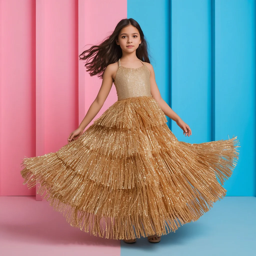 Beautiful Girl in Shimmering Gold Tassel Party Gown — AI image prompt