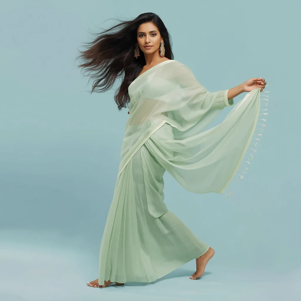 Beautiful Indian Woman in a Mint Green Pastel Saree, Graceful and Radiant — AI image prompt