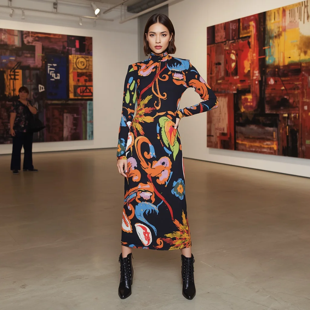 Bold Abstract Print Midi Dress for a Contemporary Art Event — AI image prompt