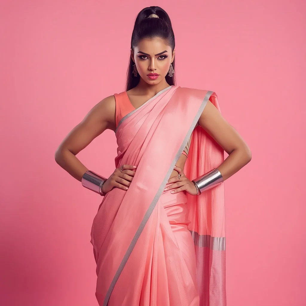 Bold Indian Woman in a Pastel Pink Saree, Confident and Powerful — AI image prompt