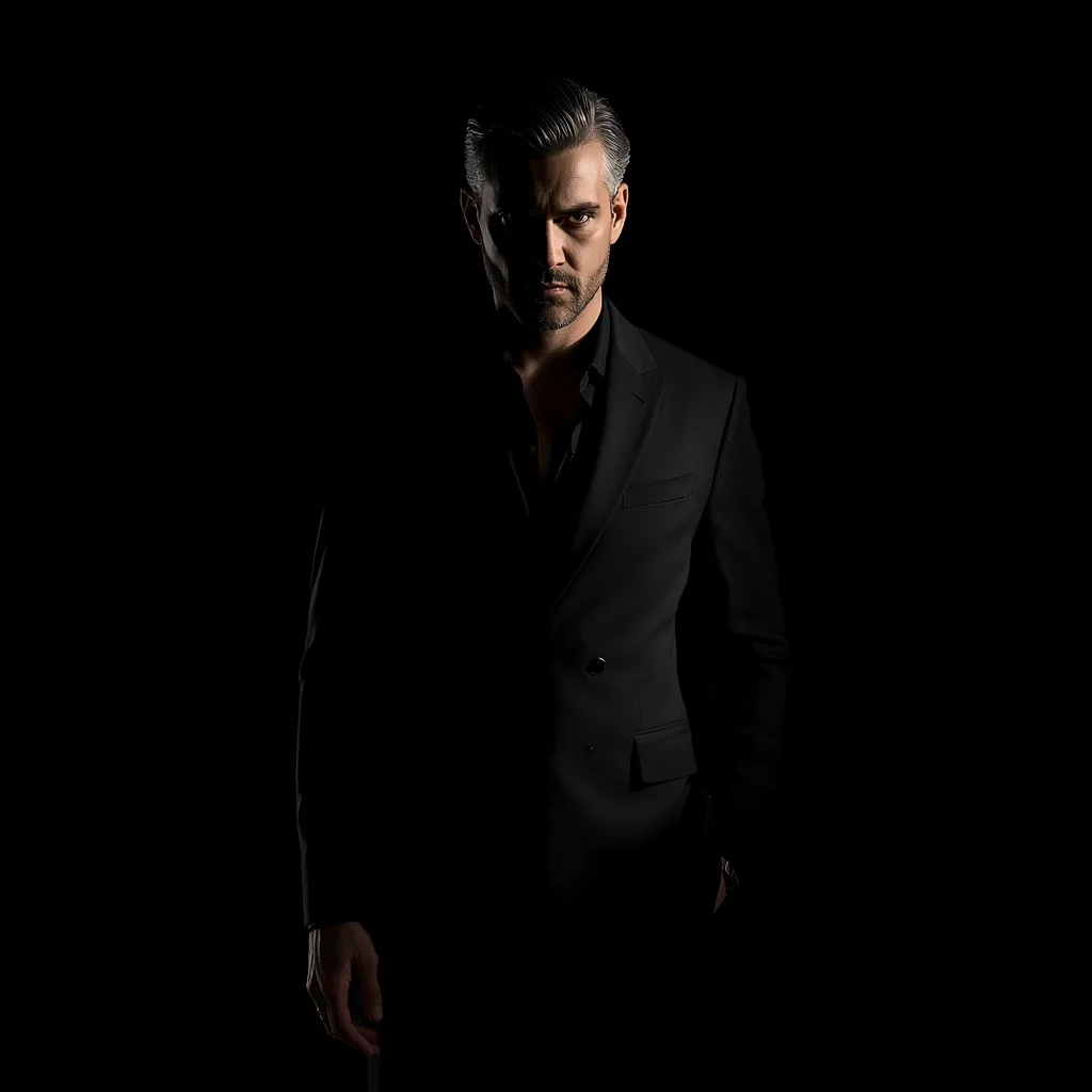 Bold Lines and Dramatic Masculine Presence in Fashion — AI image prompt