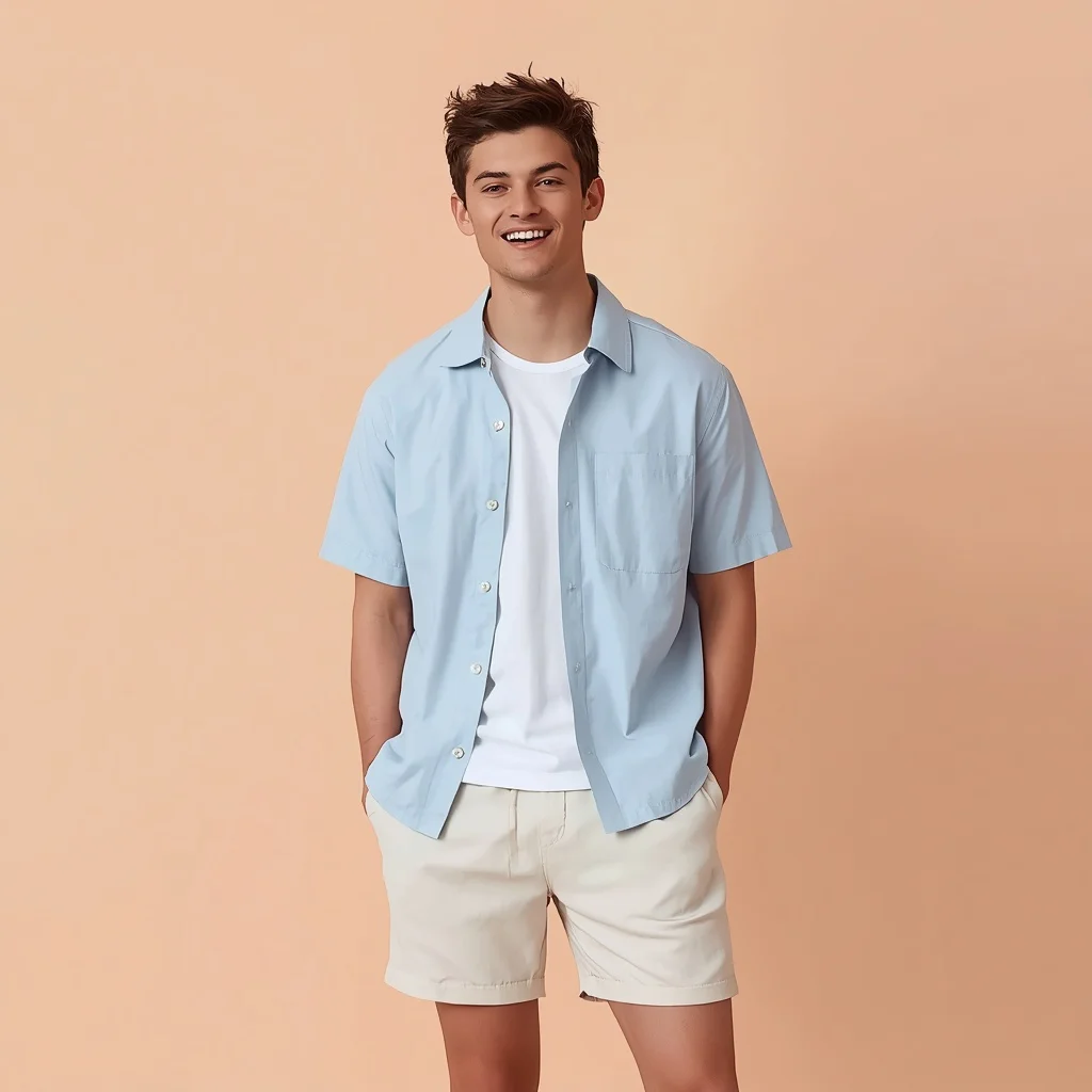 Charming Casual: Youthful Man Against a Pastel Peach — AI image prompt