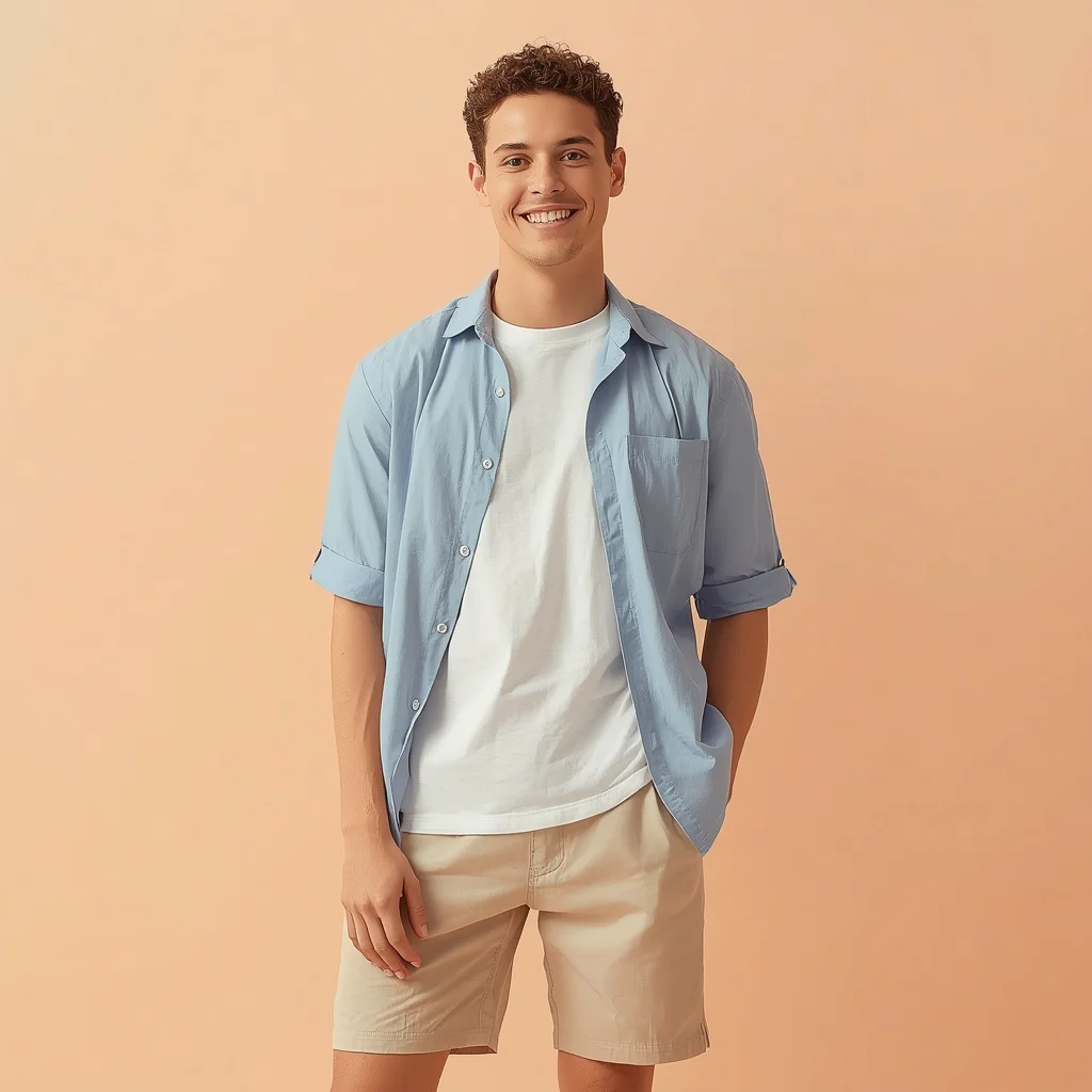 Charming Casual: Youthful Man Against a Pastel Peach — AI image prompt