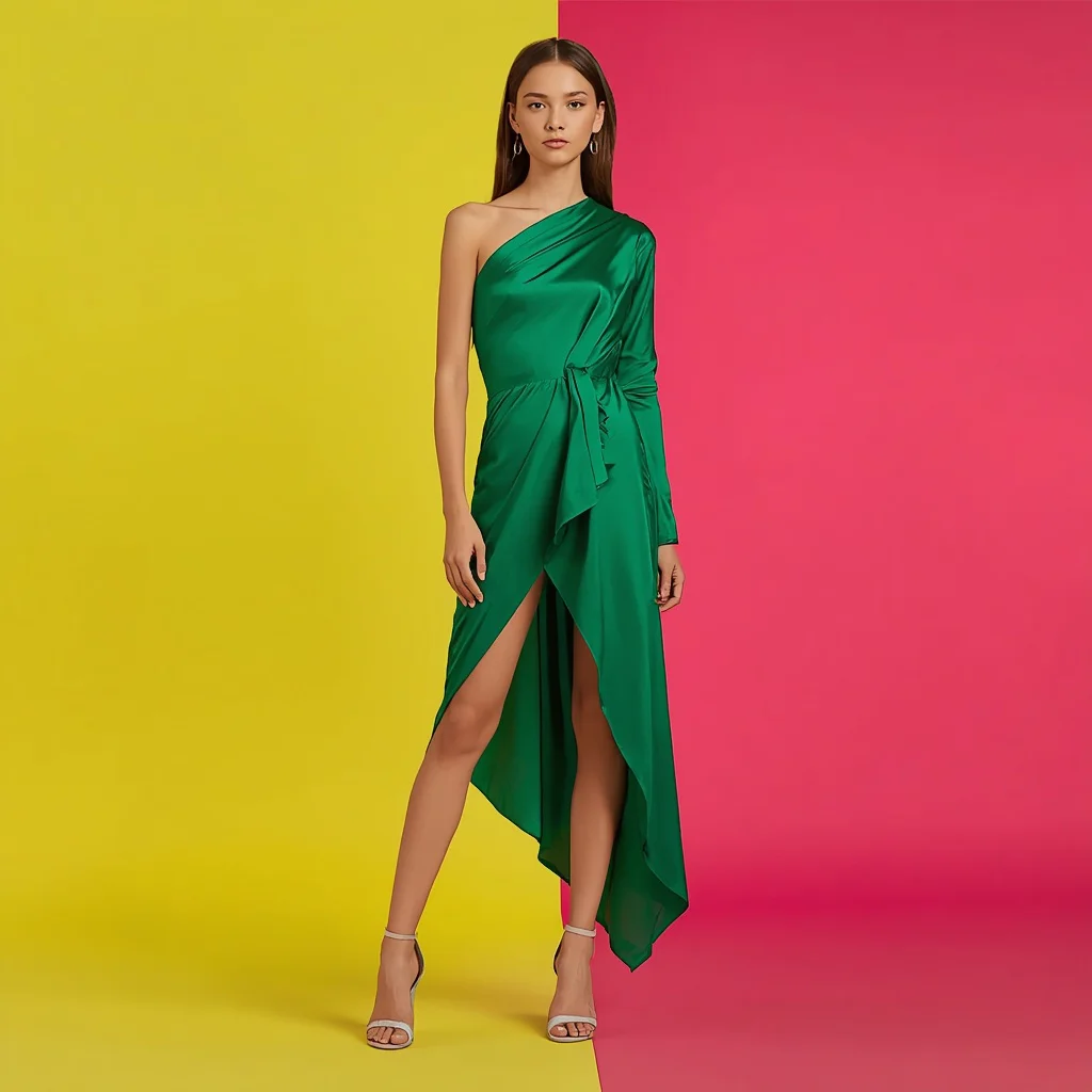 Chic Female Model in Latest Western Emerald Green Dress — AI image prompt