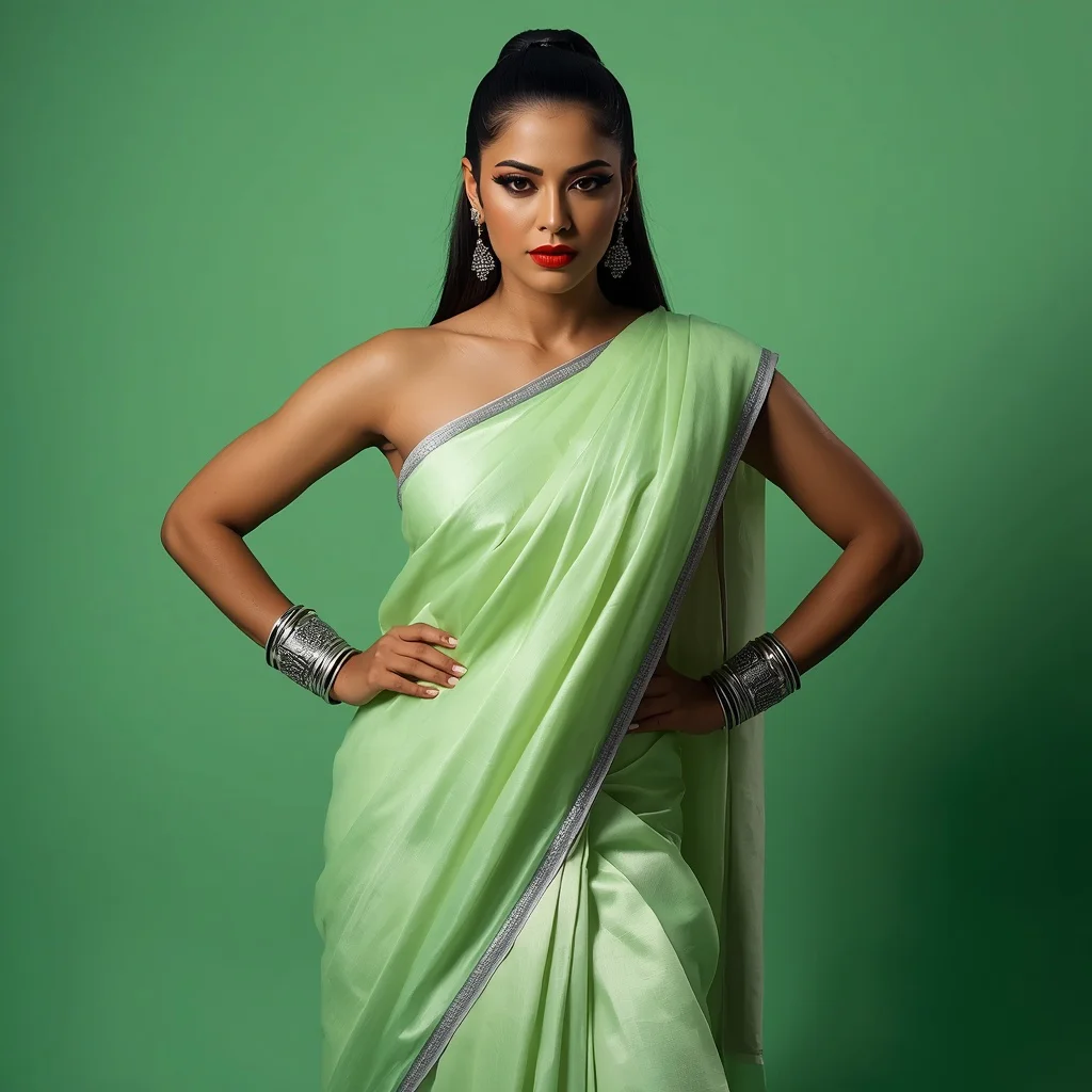 Confident Indian Woman in a Pastel Green Saree, Bold and Striking — AI image prompt