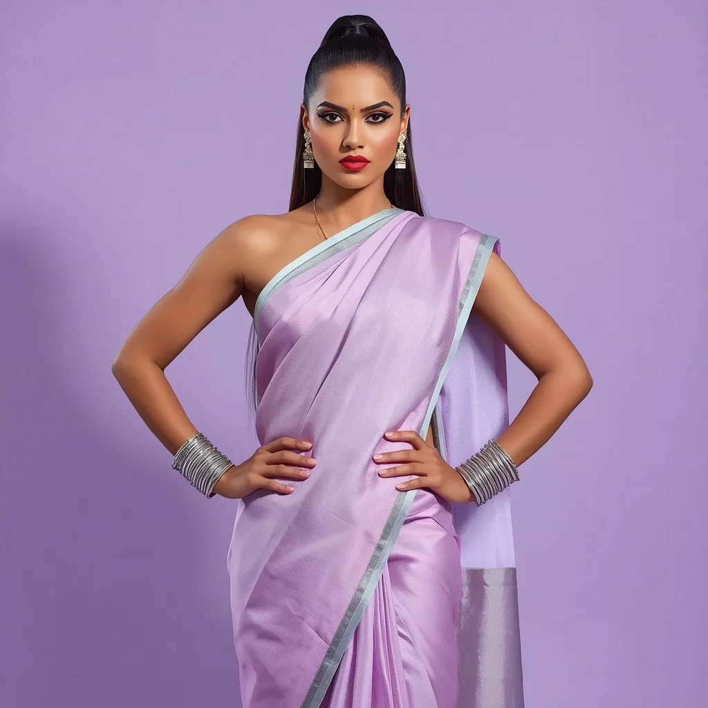 Confident Indian Woman in a Pastel Lavender Saree, Bold and Charismatic — AI image prompt