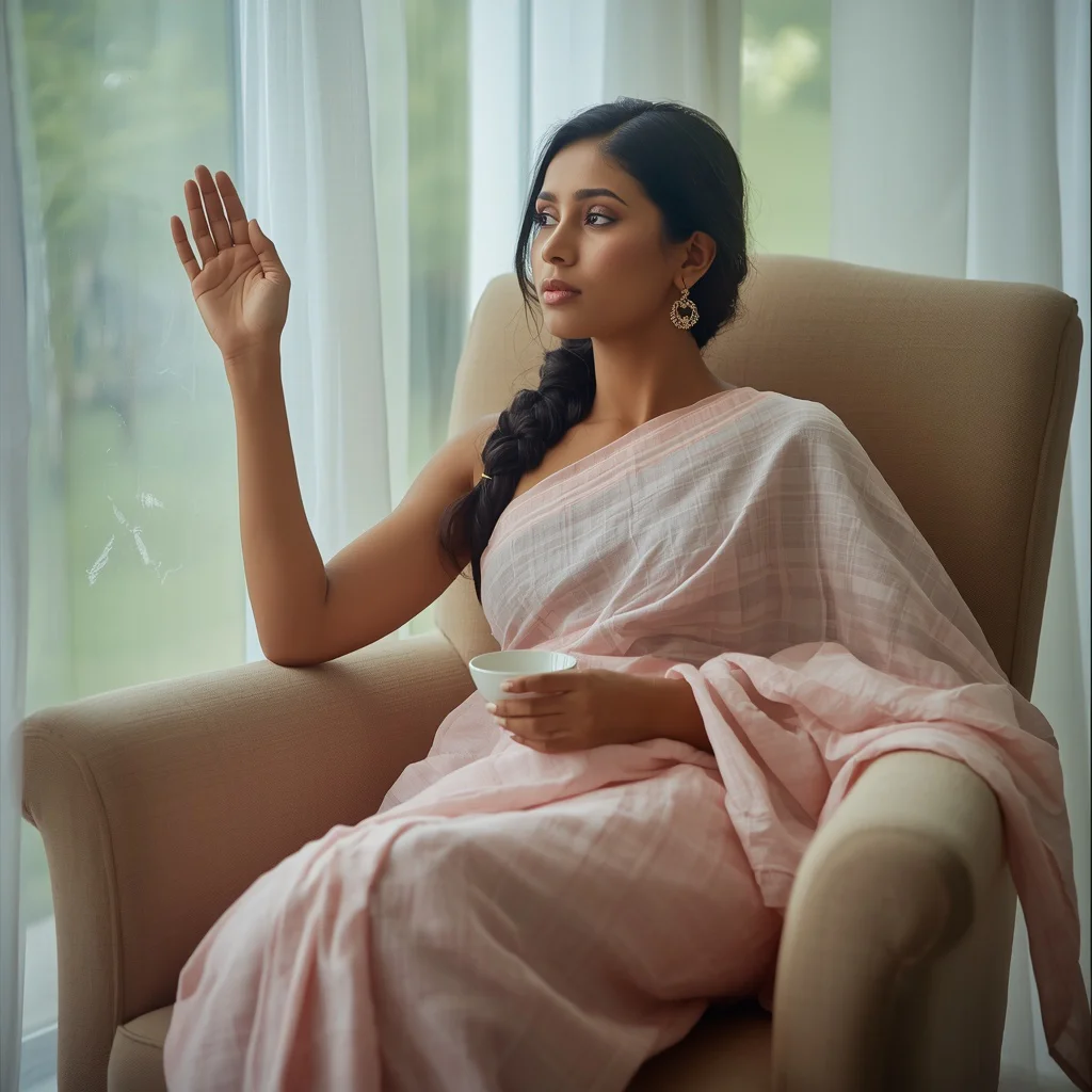 Contemplative Indian Woman in a Pastel Pink Saree by a Tranquil Window — AI image prompt