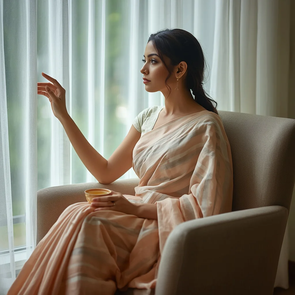 Contemplative Indian Woman in a Peach Pastel Saree by a Tranquil Window — AI image prompt