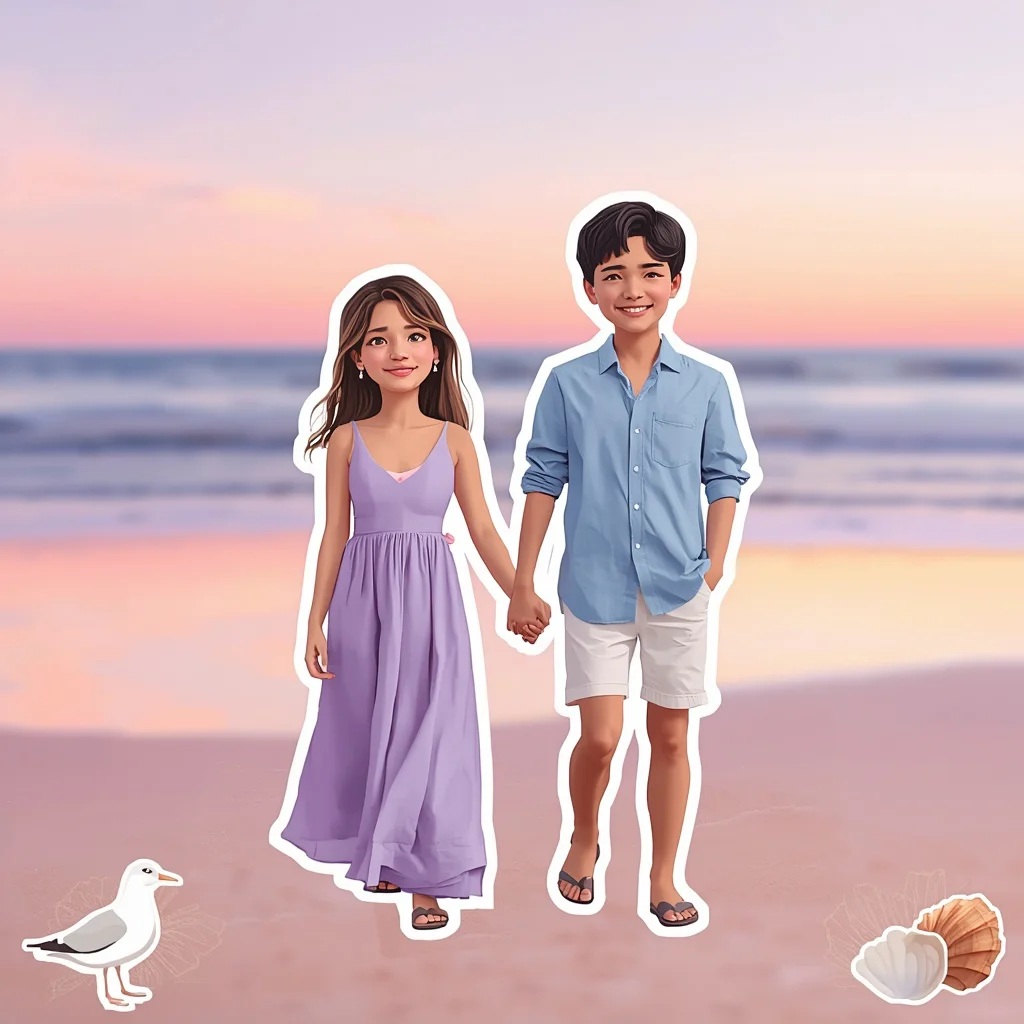 Couple's Beach Walk at Dusk in Pastel Sticker — AI image prompt