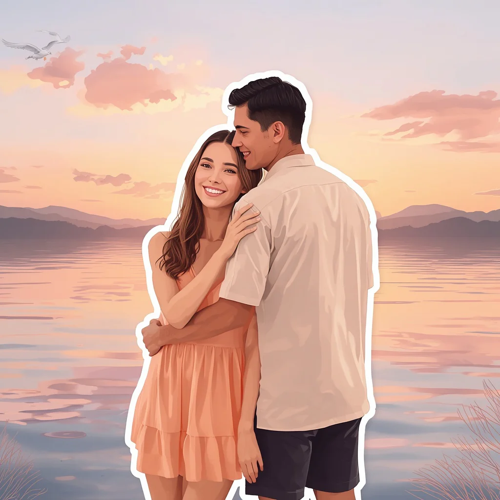 Couple's Lakeside Sunset in Pastel Sticker — AI image prompt