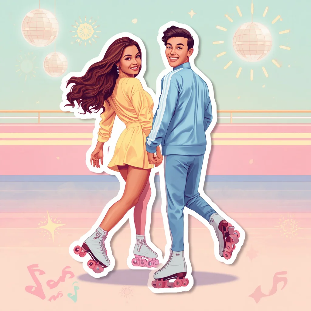Couple's Retro Roller Skate Date in Pastel Sticker — AI image prompt