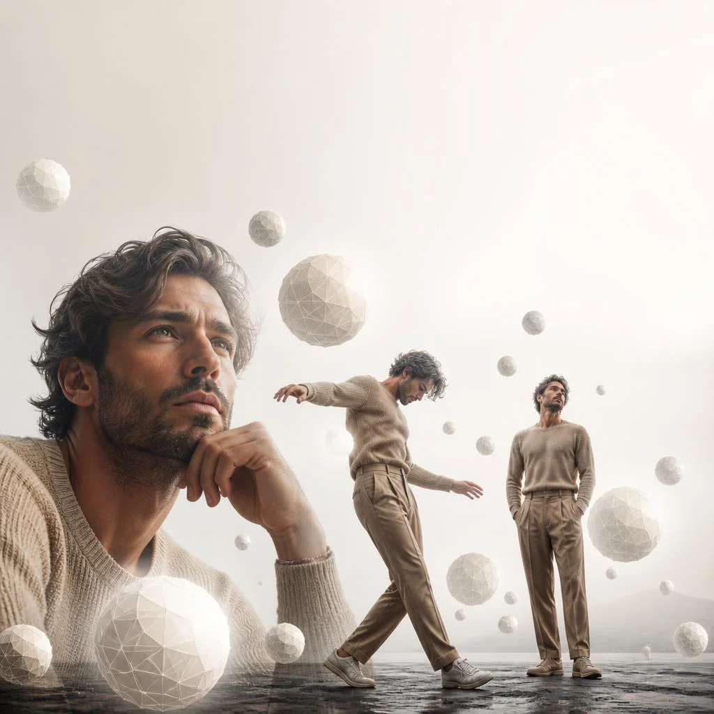 Crazy Next Level Cinematic Collage of a Man with Geometric Spheres — AI image prompt