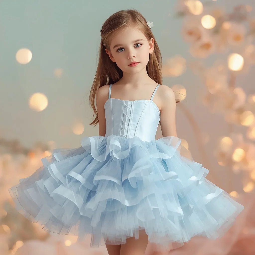Cute Girl In Chic Light Blue Tulle Mini Dress — AI image prompt