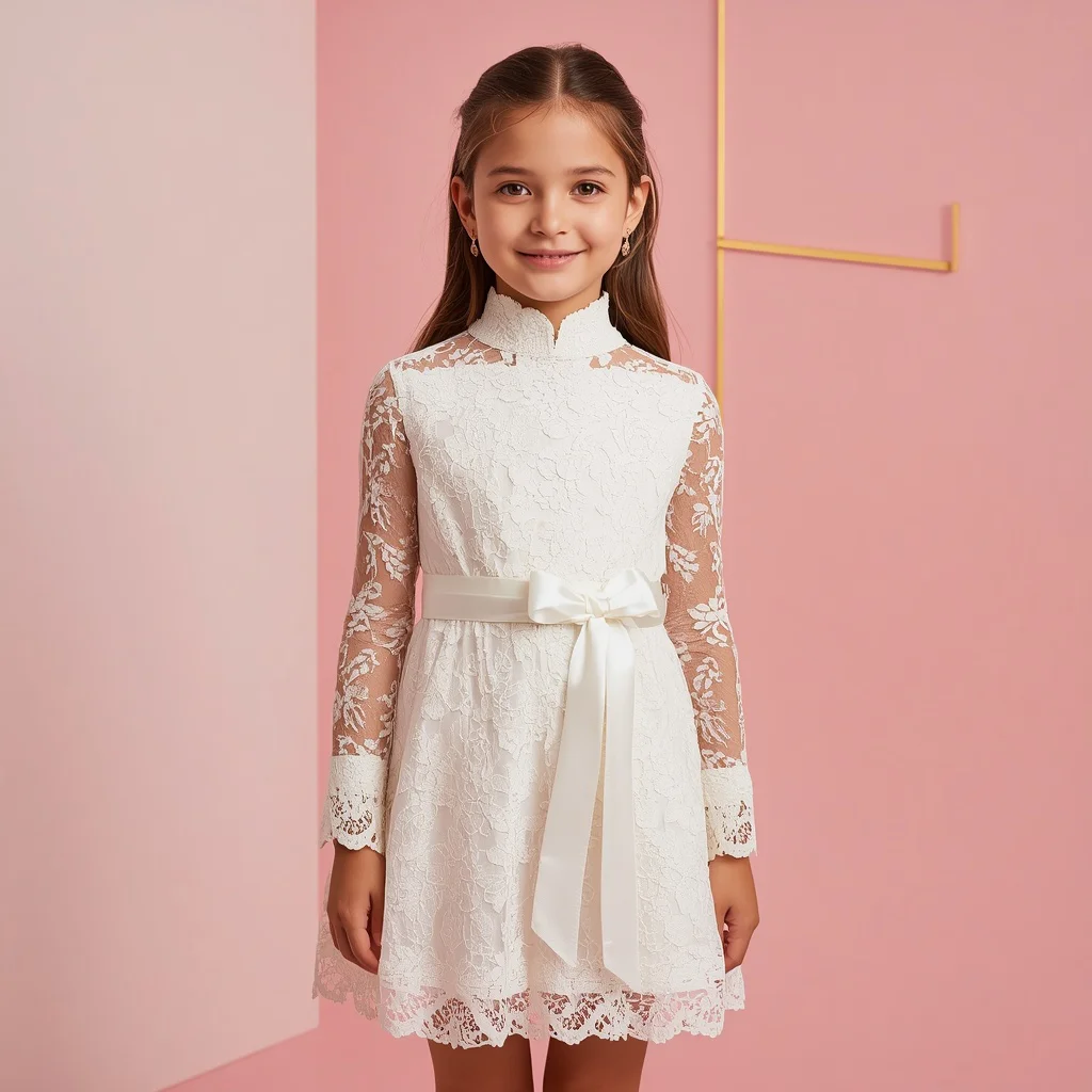 Cute Girl in Elegant White Lace Party Dress — AI image prompt