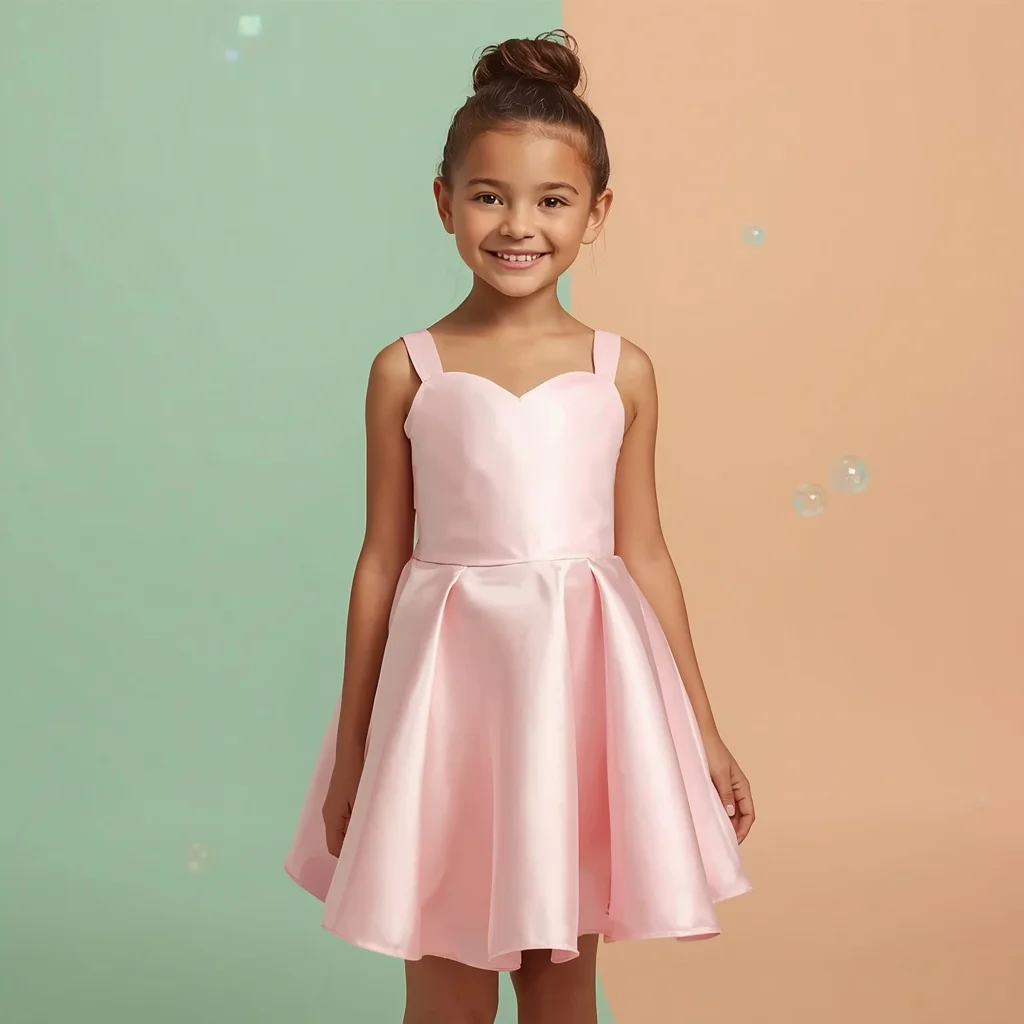 Cute Girl In Sweetehart Pink Satin Flared Dress — AI image prompt
