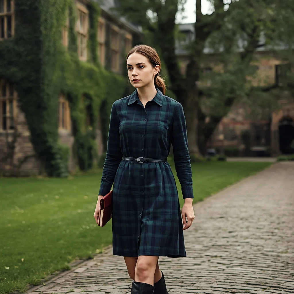 Dark Academia Plaid Shirtdress for a University Campus Walk — AI image prompt