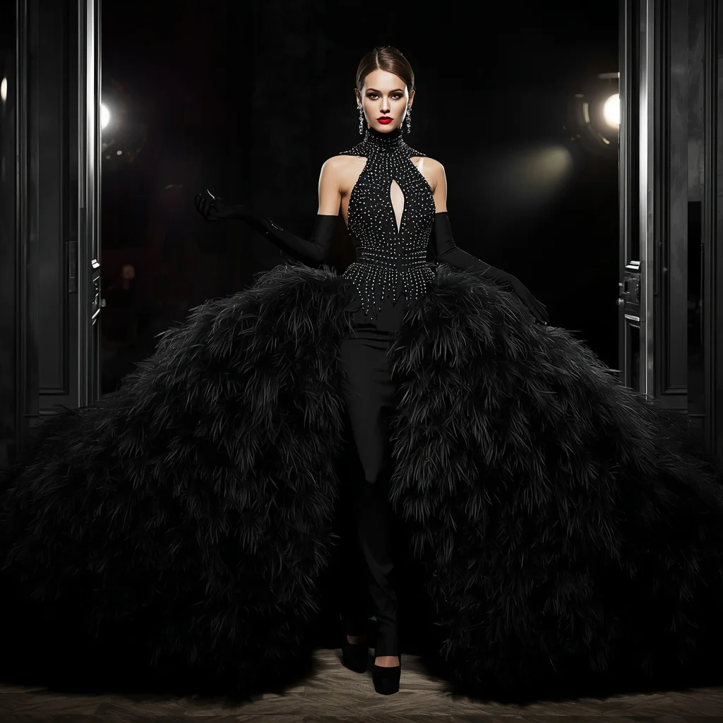 Dramatic Feather Embellished Gown for a High-Fashion Gala — AI image prompt
