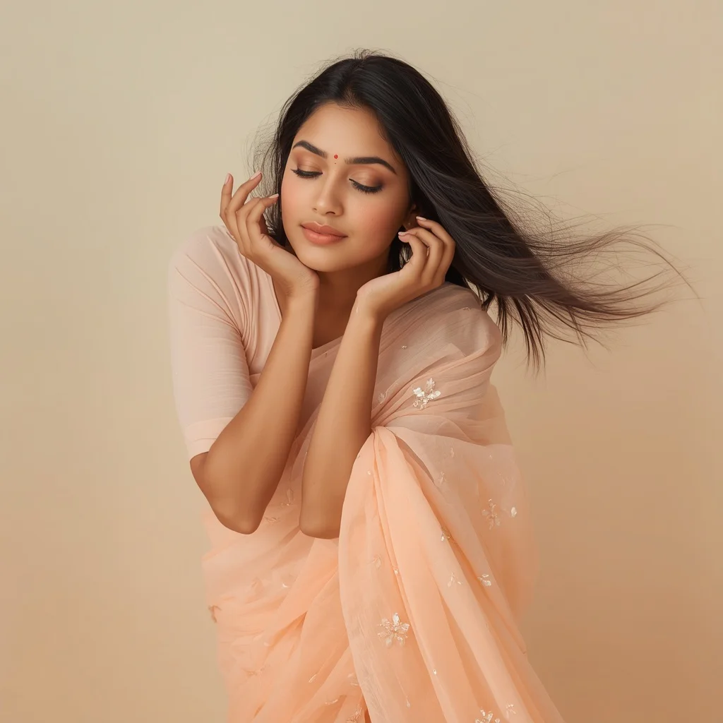 Dreamy Indian Woman in a Pastel Peach Saree, Enveloped in a Soft Glow — AI image prompt