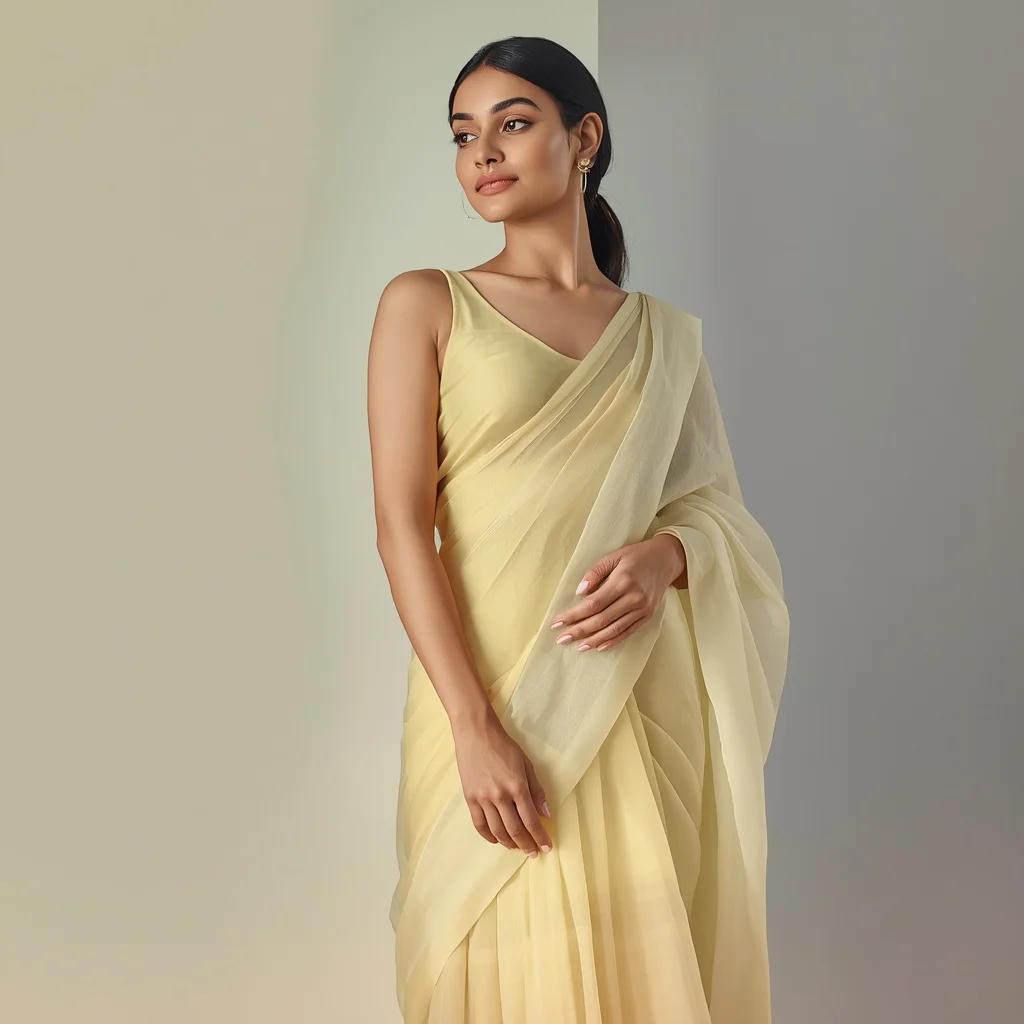 Elegant Indian Woman in a Pastel Yellow Saree, Sculpted and Sophisticated Charm — AI image prompt