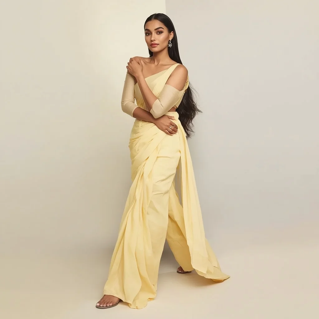 Elegant Indian Woman in a Soft Yellow Pastel Saree, Sculpted and Chic — AI image prompt