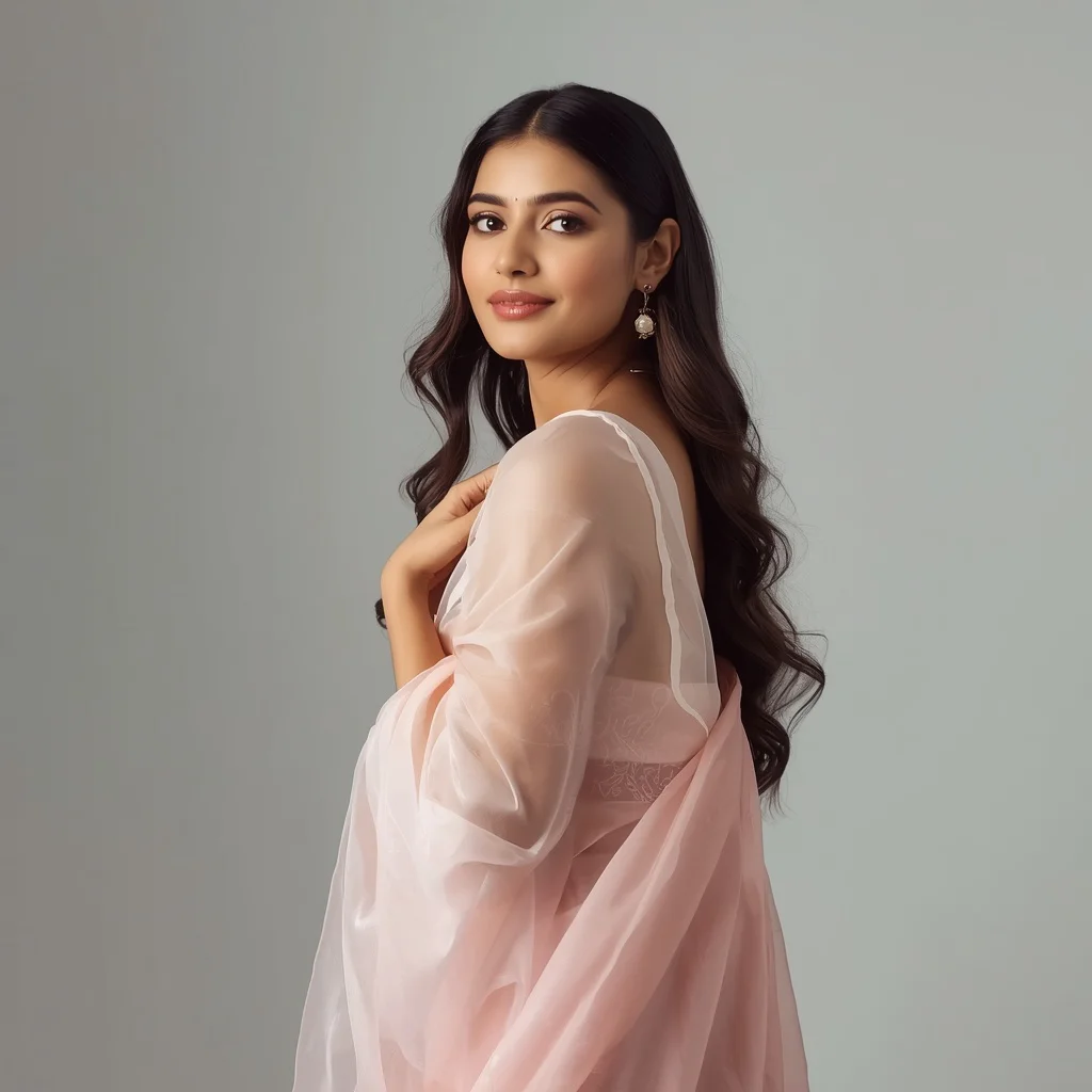 Ethereal Indian Woman in a Soft Pink Pastel Saree, Pure and Delicate — AI image prompt