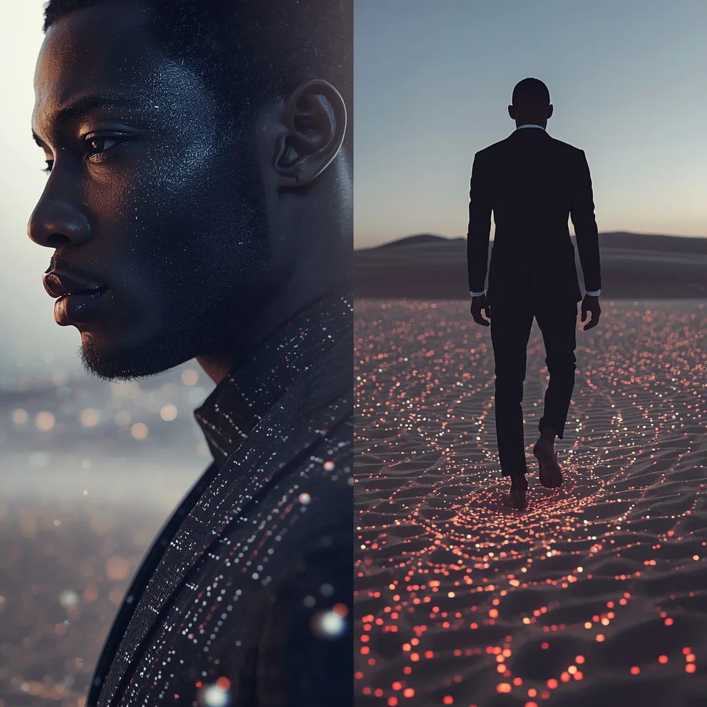 Futuristic Cinematic Collage of a Man in a Tech Suit in a Pixel Desert — AI image prompt